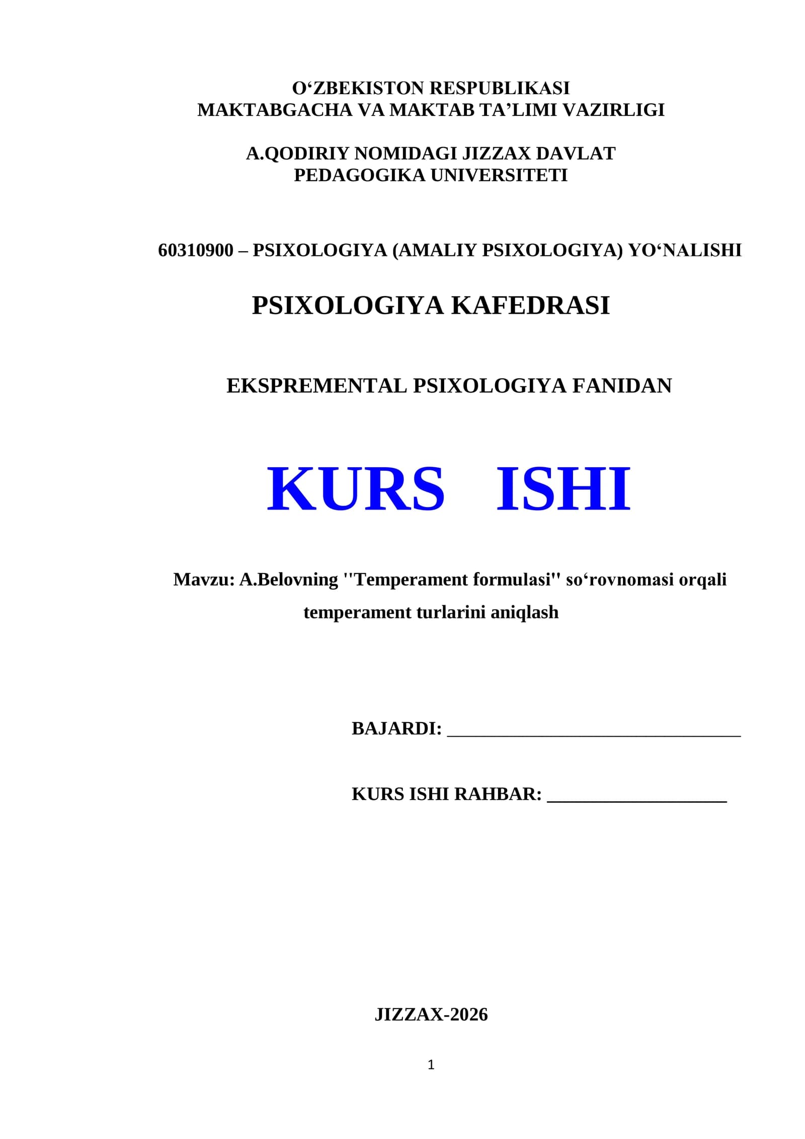 EKSPERIMENTAL PSIXOLOGIYA FANIDAN KURS ISHI
