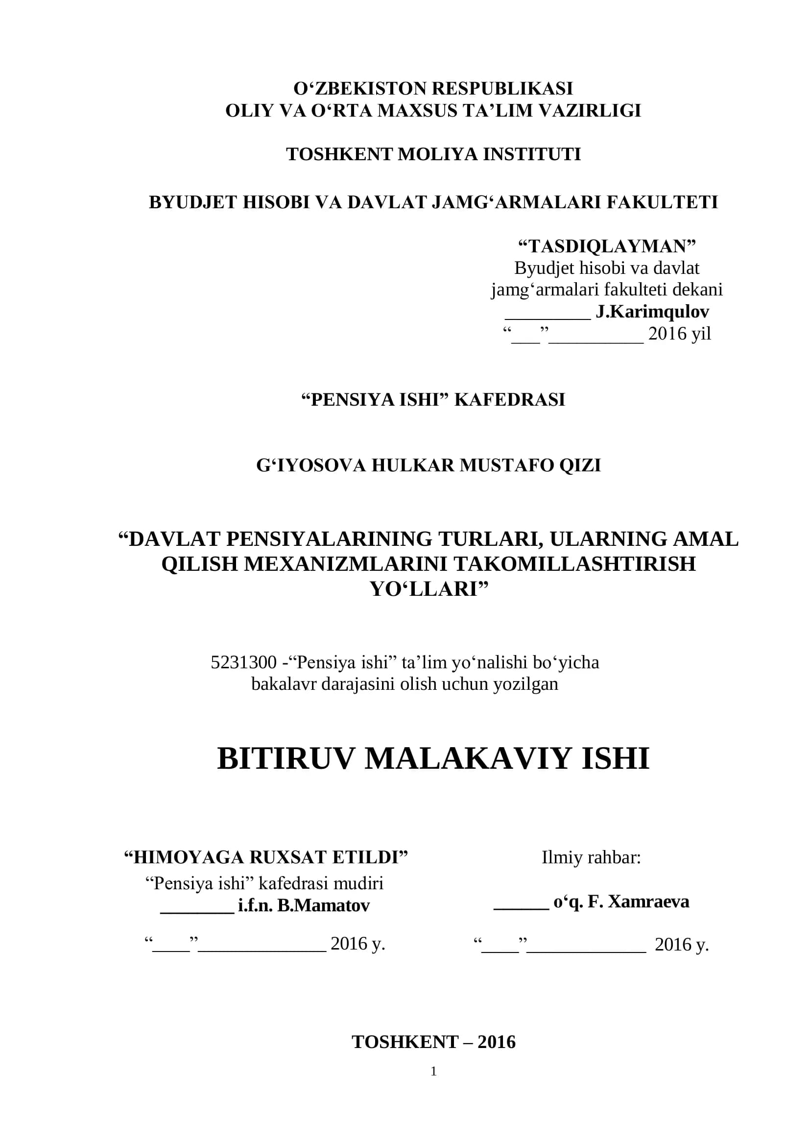 Davlat pensiyalarining turar va ularning amal qilish mexanizmlarini takomillashtirish yo'llari