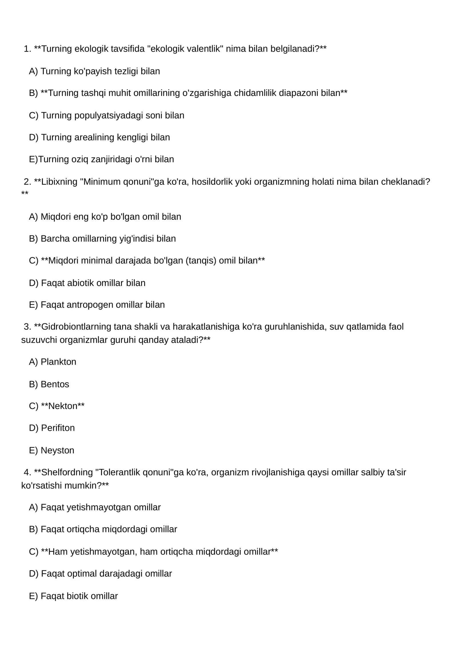 Ekologik valentlik, Minimum qonuni, Gidrobiontlar, Tolerantlik qonuni