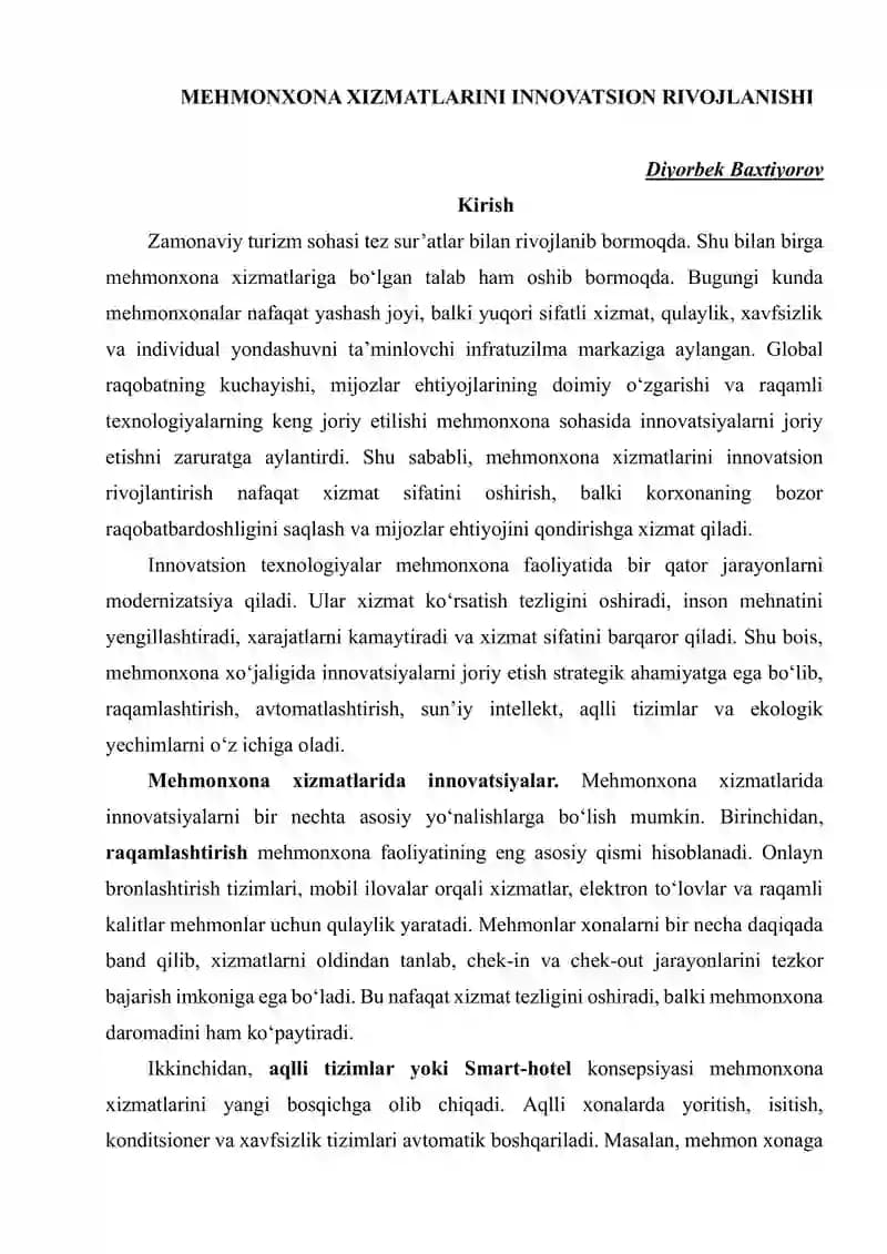 Mehmonxona xizmatlarini innovatsion rivojlanishi
