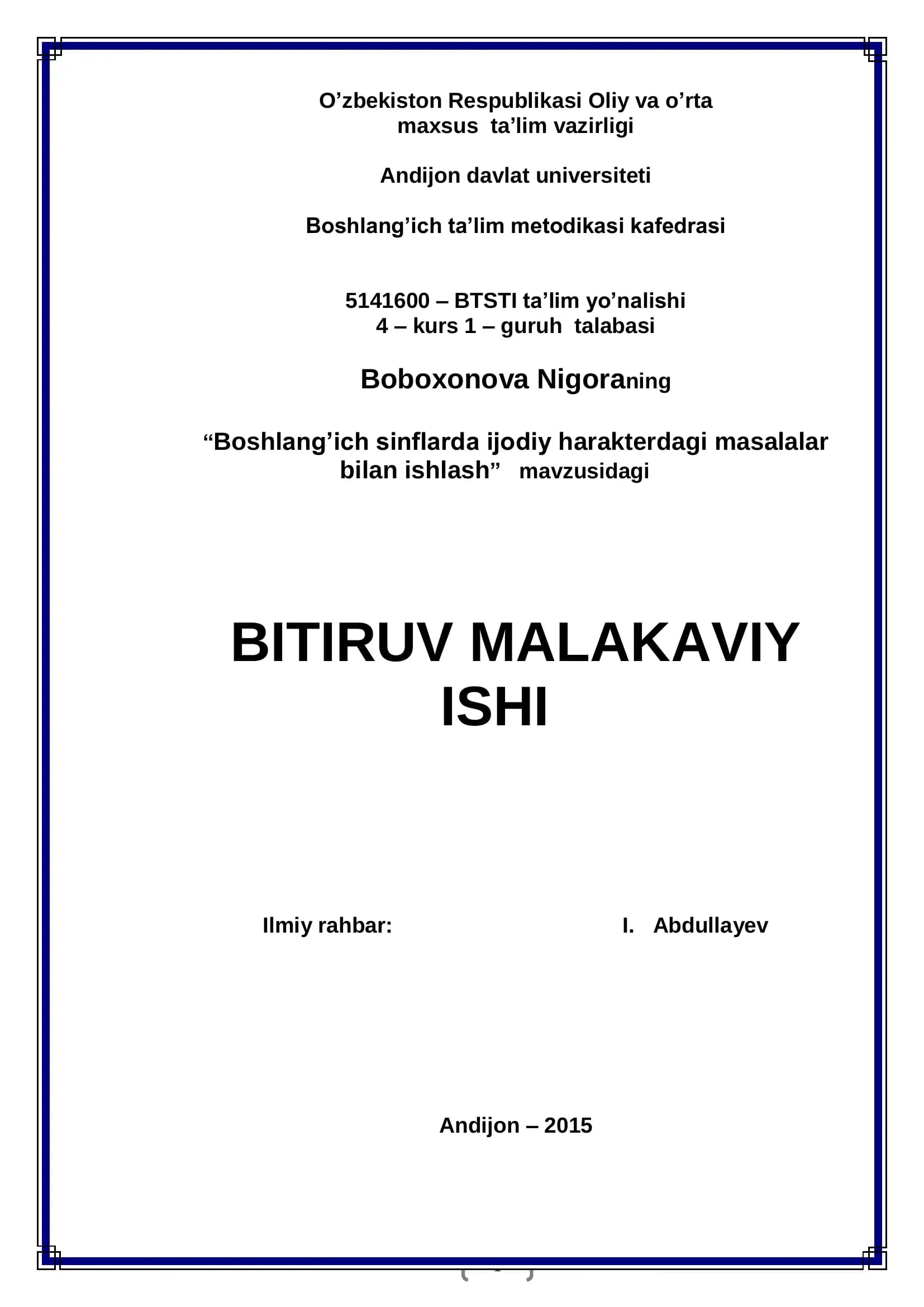 Boshlang’ich sinflarda ijodiy harakterdagi masalalar bilan ishlash