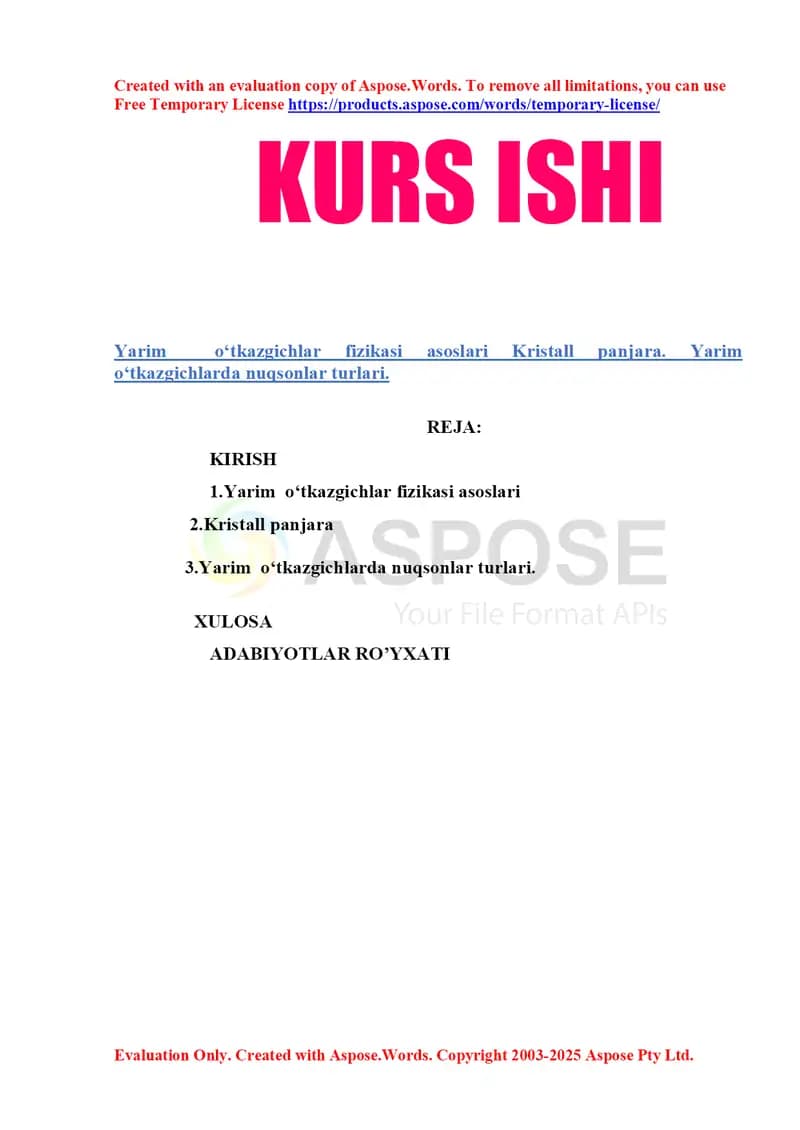 Yarim  o‘tkazgichlar fizikasi asoslari Kristall panjara. Yarim  o‘tkazgichlarda nuqsonlar turlari.
