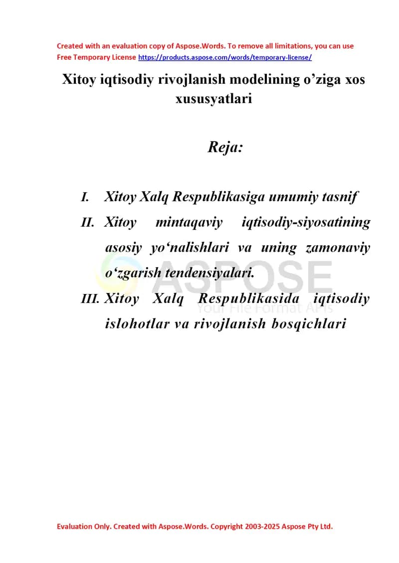 Xitoy iqtisodiy rivojlanish modelining o’ziga xos xususyatlari