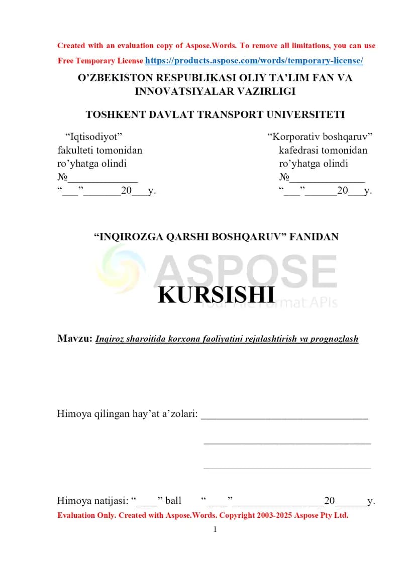 Inqiroz sharoitida korxona faoliyatini rejalashtirish va prognozlash