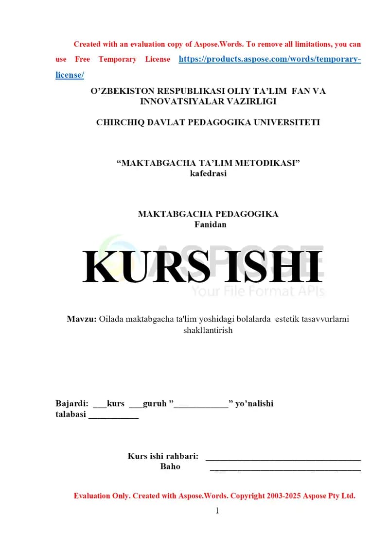 Oilada maktabgacha ta'lim yoshidagi bolalarda estetik tasavvurlarni shakllantirish
