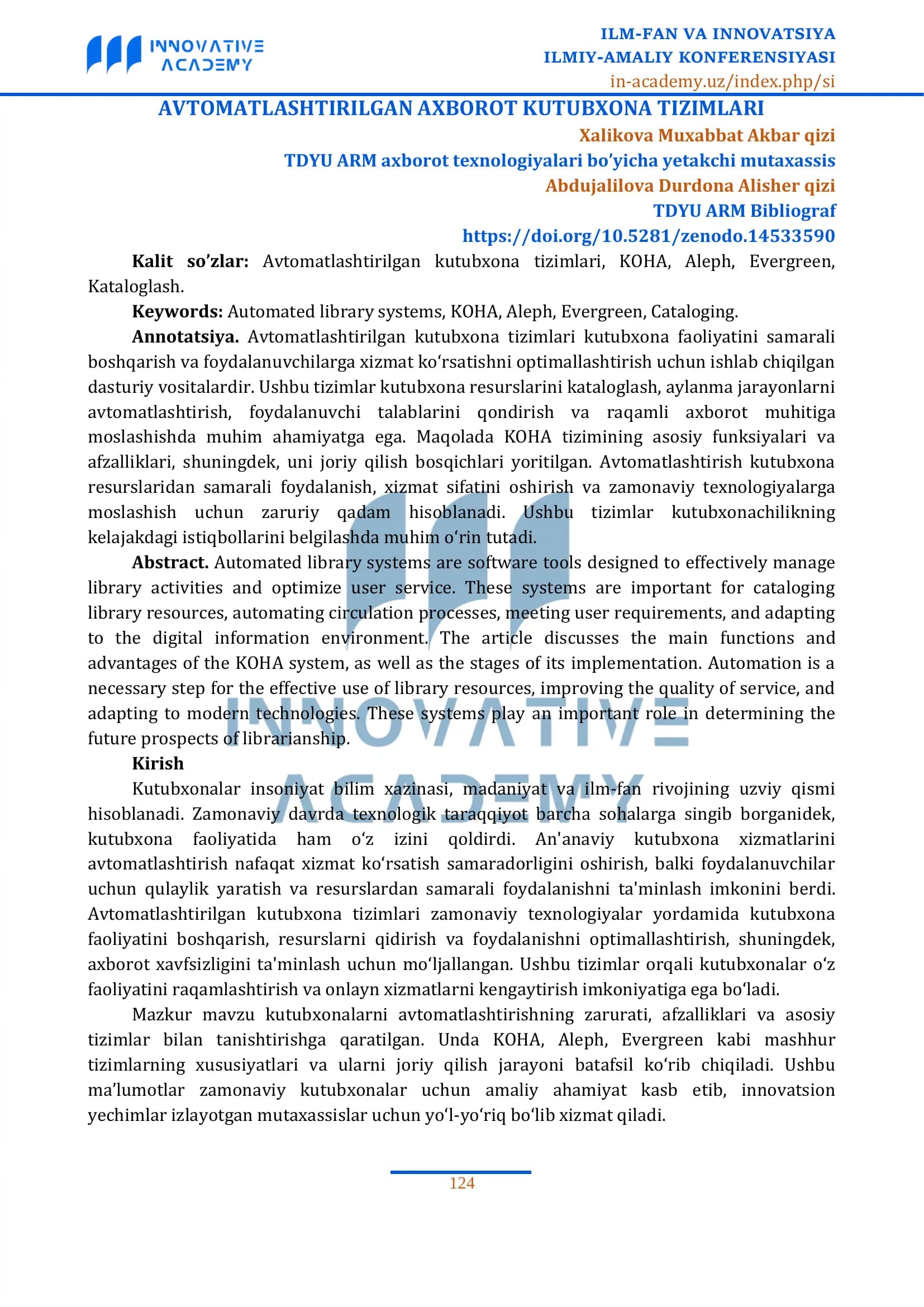 Avtomatlashtirilgan axborot kutubxona tizimi
