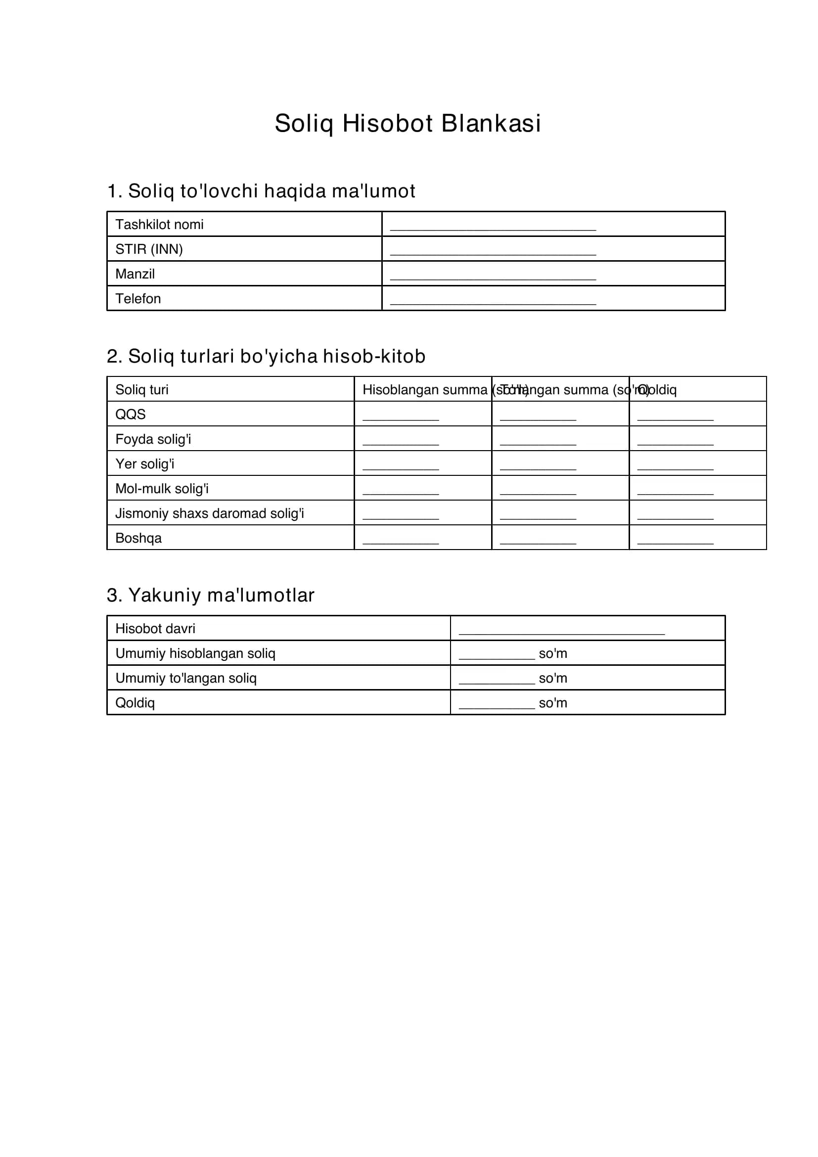 soliq hisobot blankalari