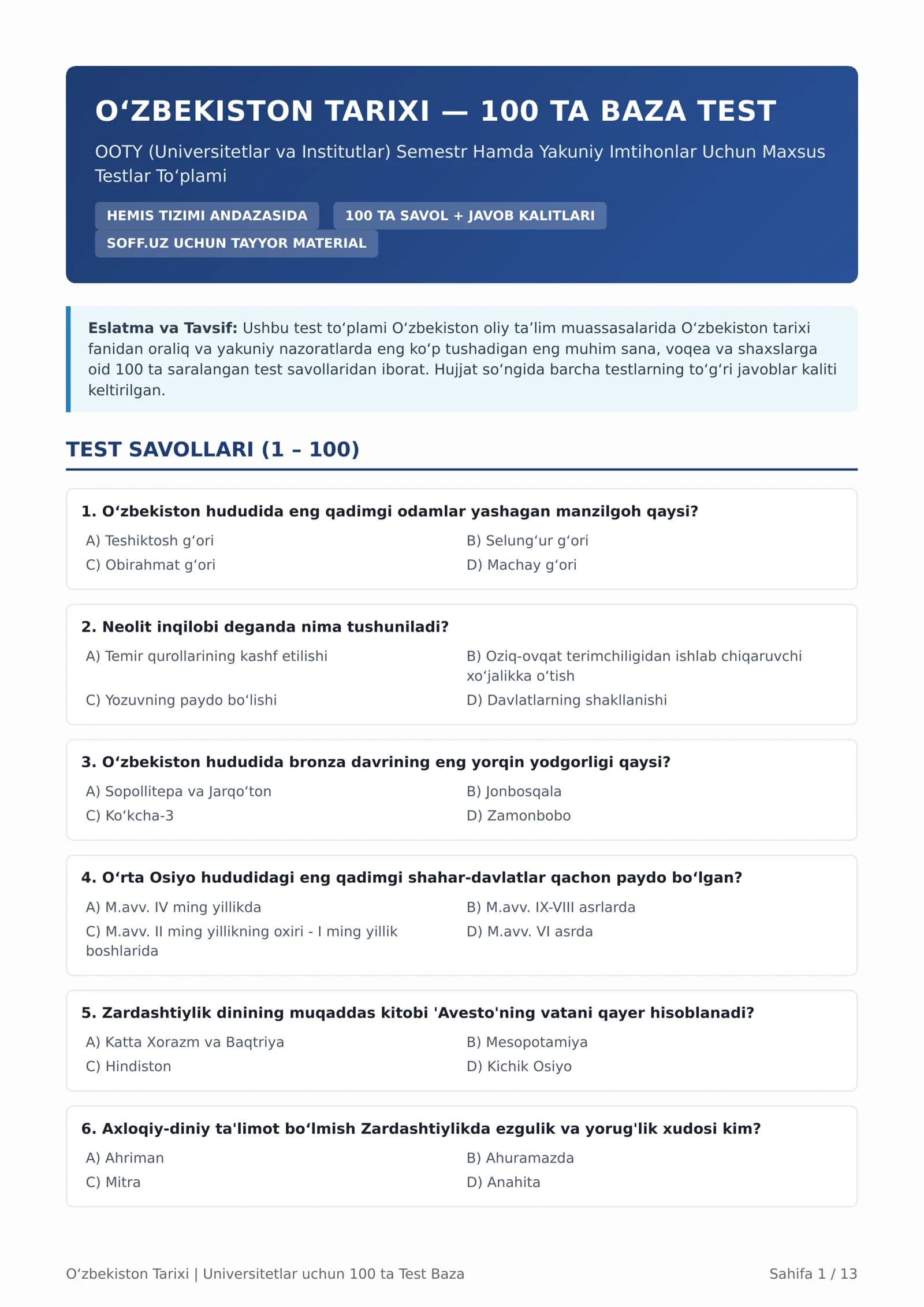 O'zbekiston tarixi  100 ta test to'plami