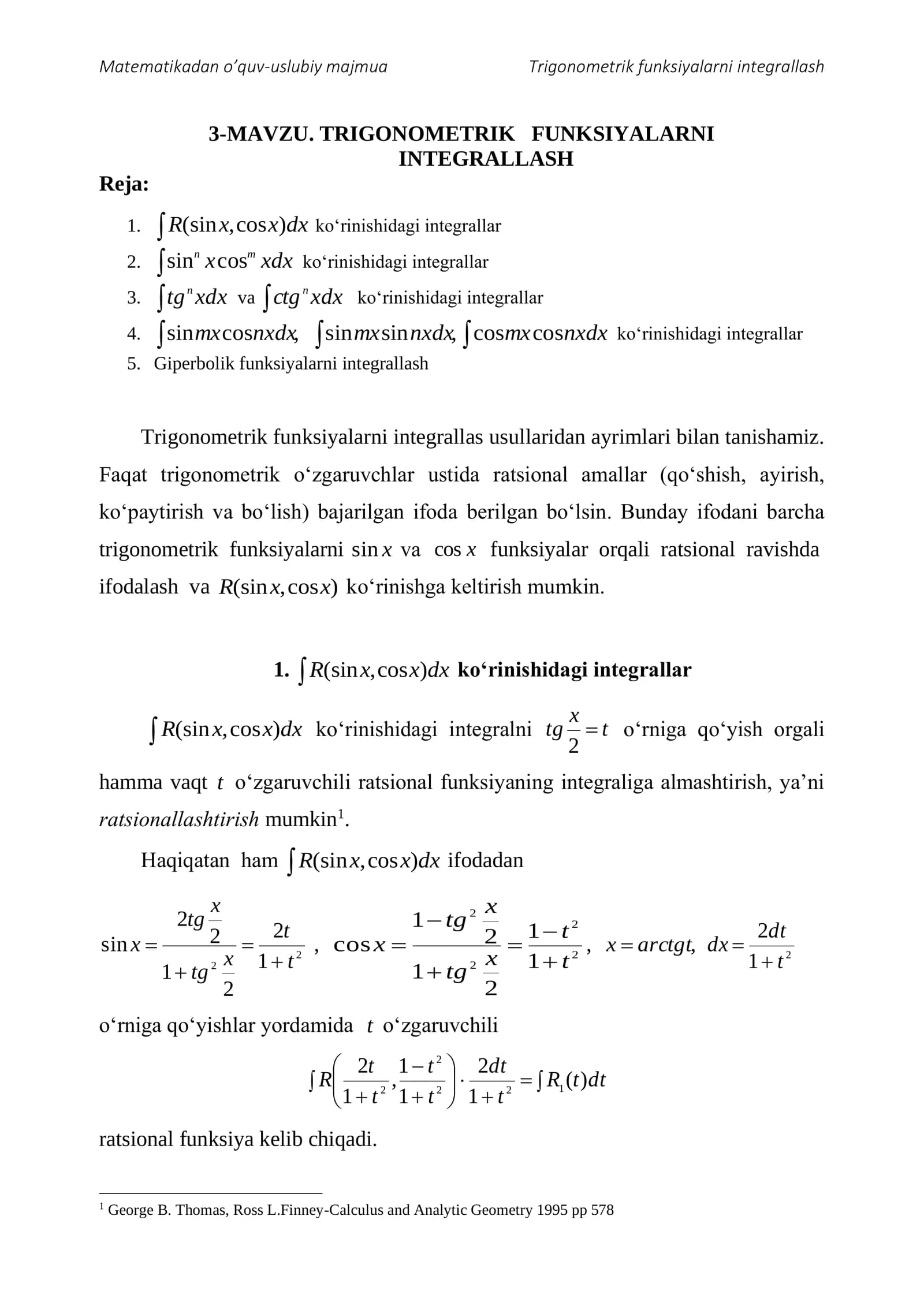 Trigonometrik funksiyalarni integrallash