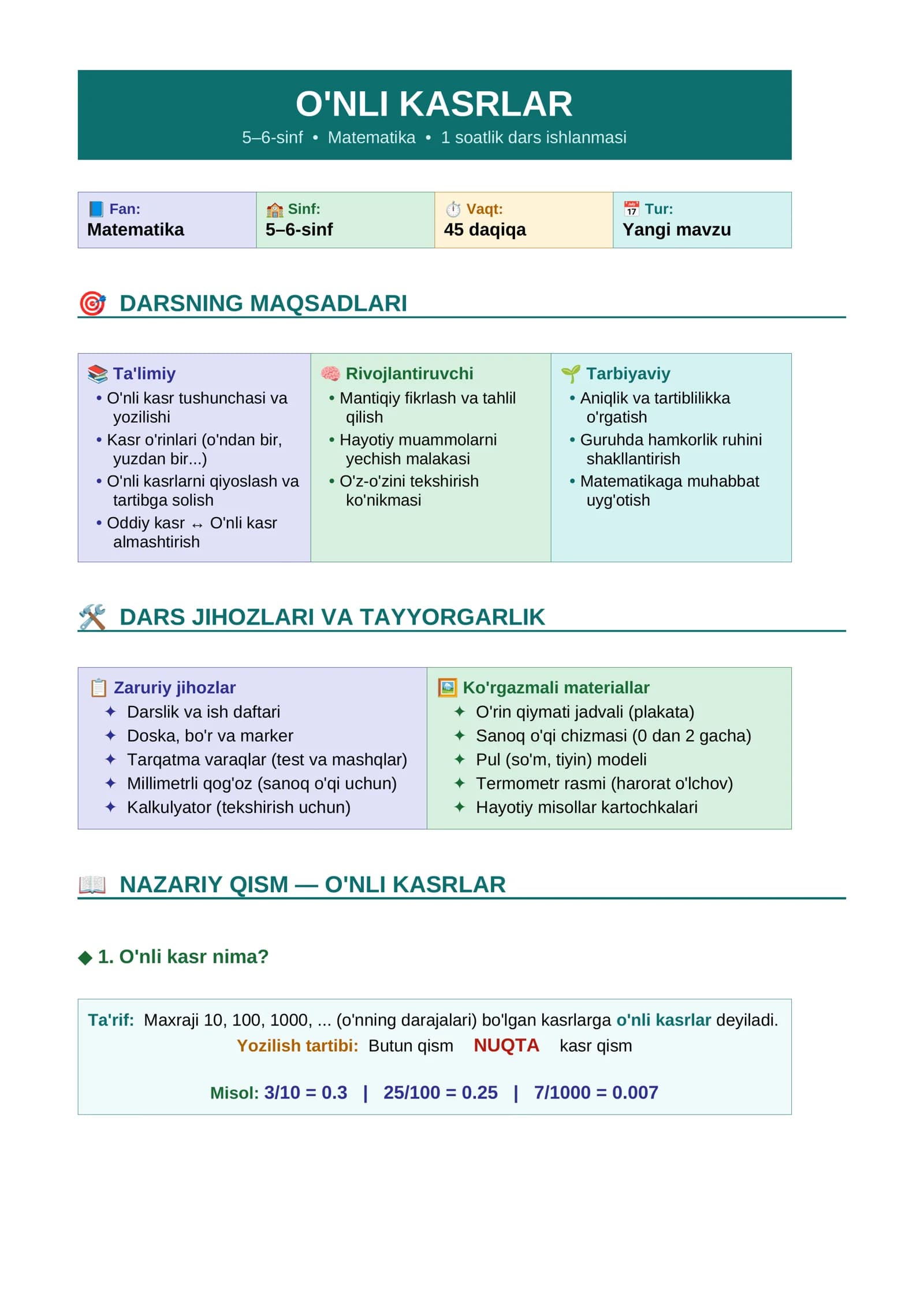 O'nli kasrlar (5-sinf uchun dars ishlanma)