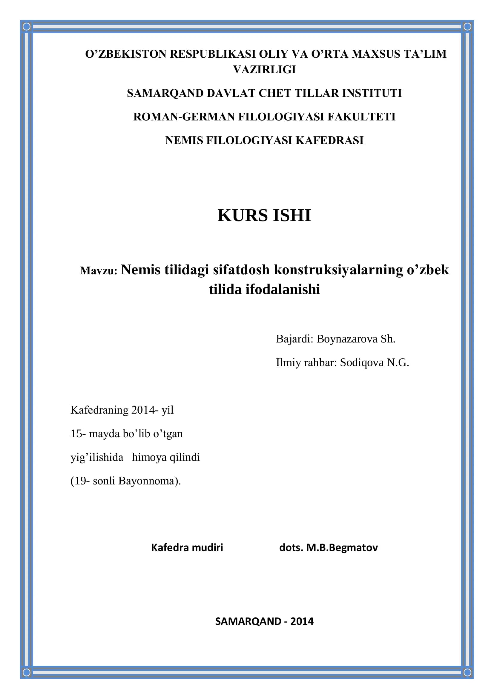 Nemis tilidagi sifatdosh konstruksiyalarning o’zbek tilida ifodalanishi