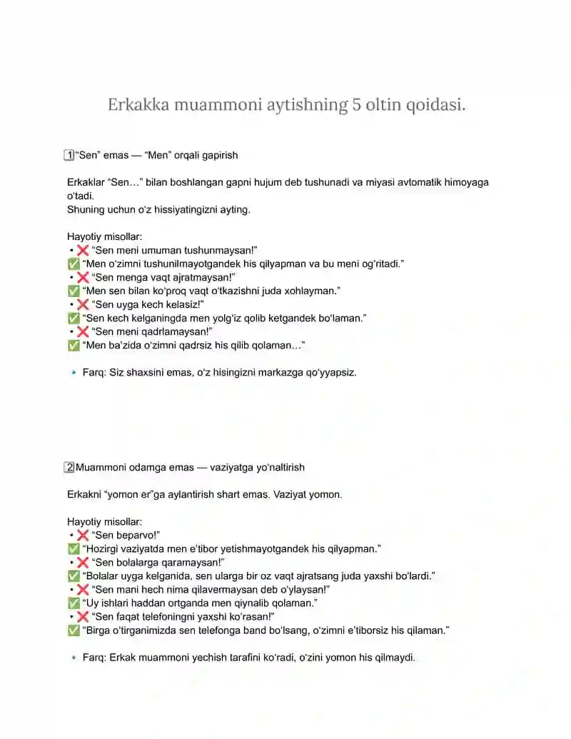 Erkakka muammoni aytishning 5 oltin qoidasi