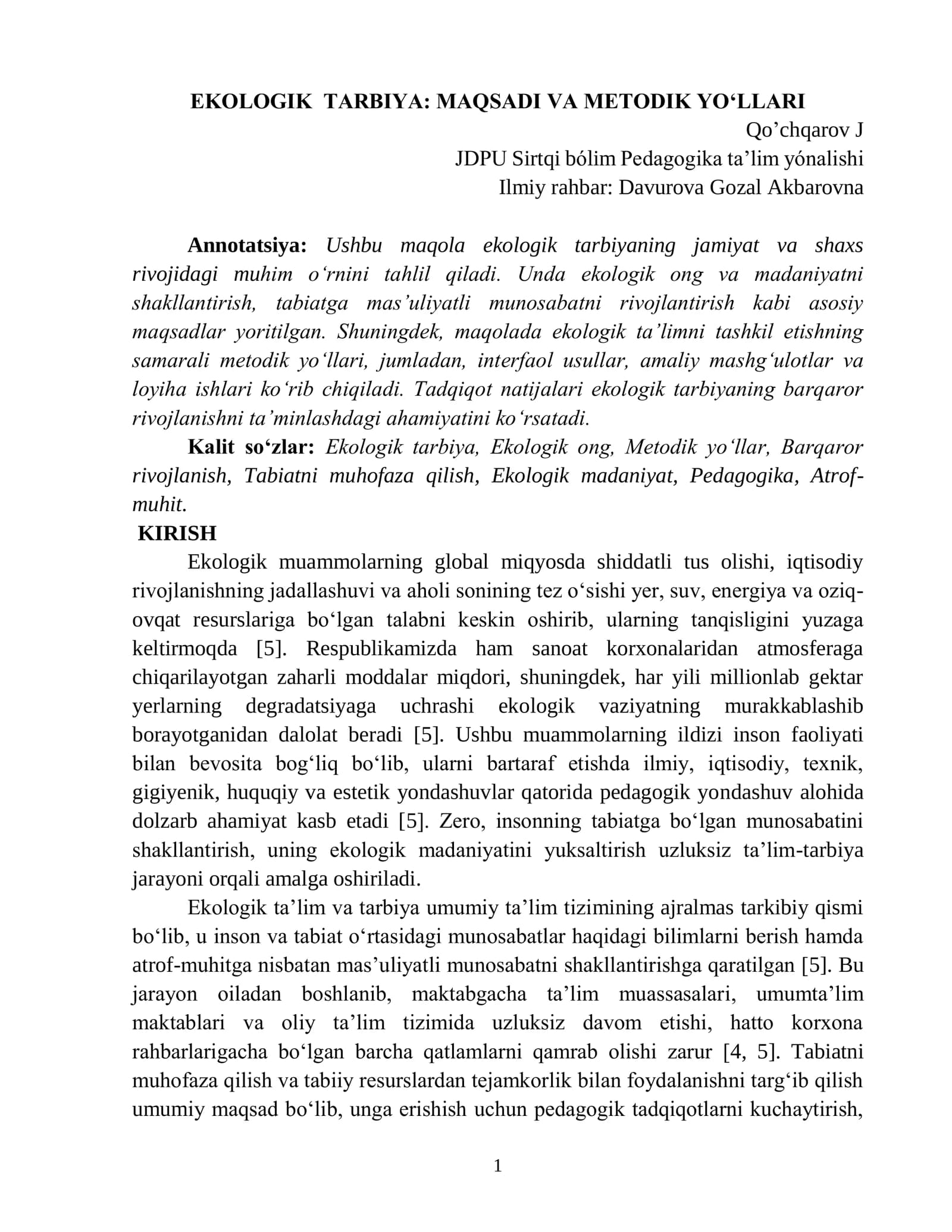 EKOLOGIK TARBIYA: MAQSADI VA METODIK YOʻLLARI