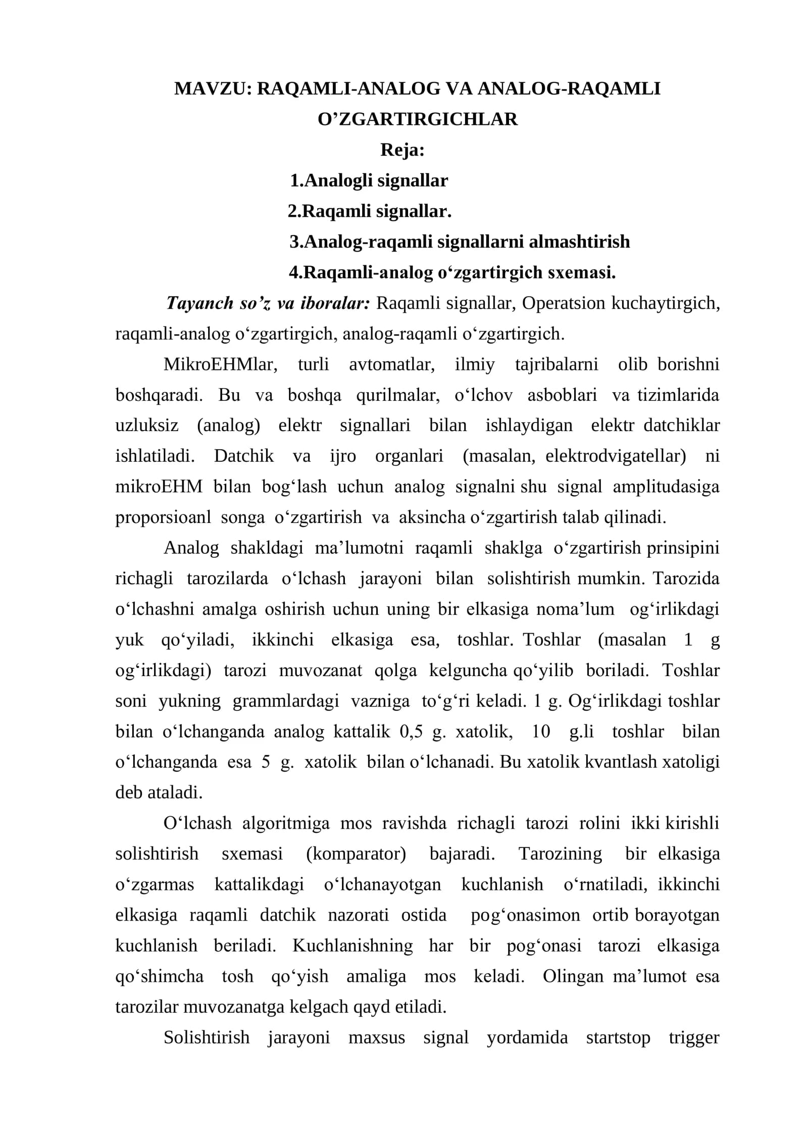 RAQAMLI-ANALOG VA ANALOG-RAQAMLI  O’ZGARTIRGICHLAR