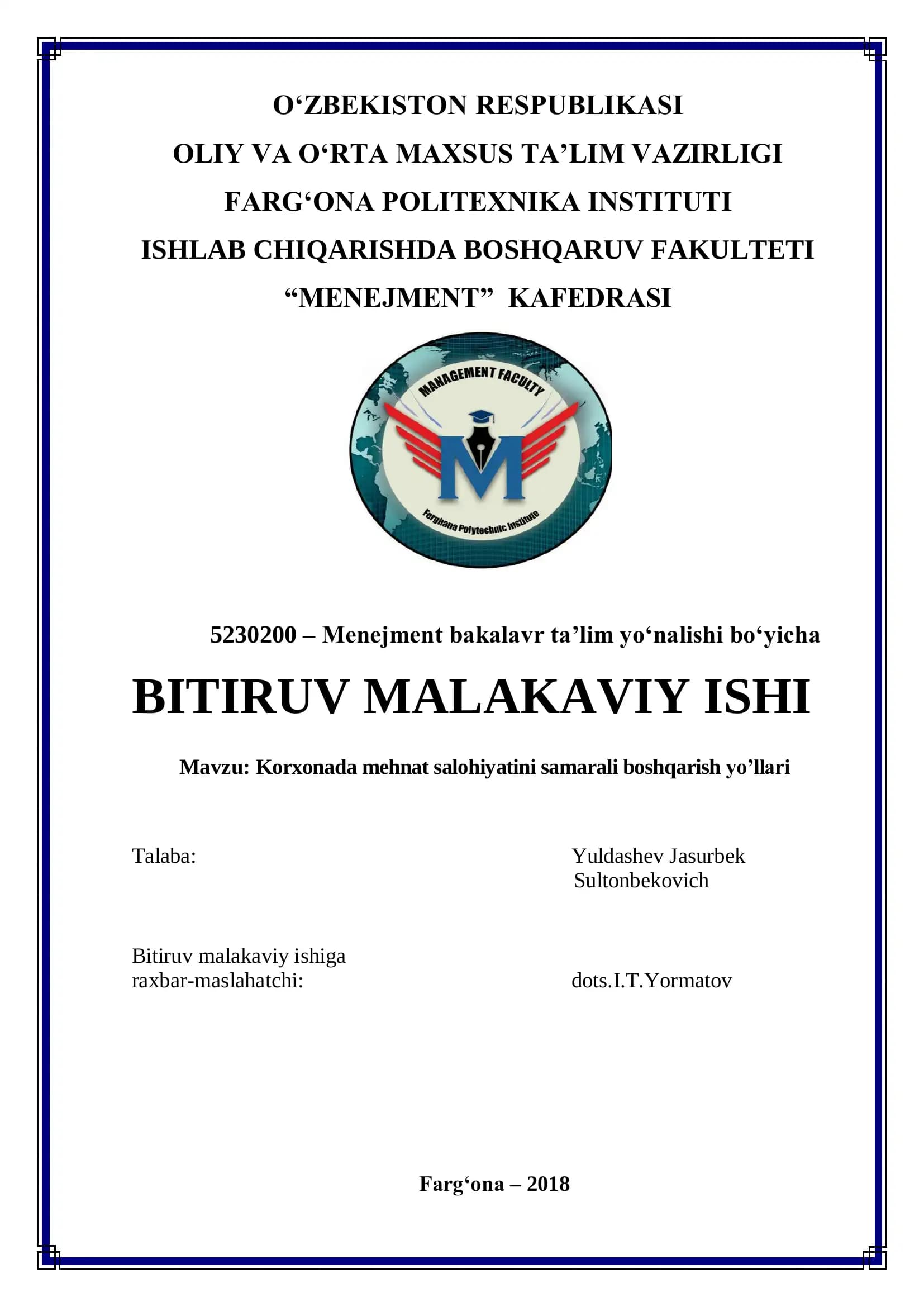 Menejment bakalavr ta’lim yo‘nalishi bo‘yicha BITIRUV MALAKAVIY ISHI