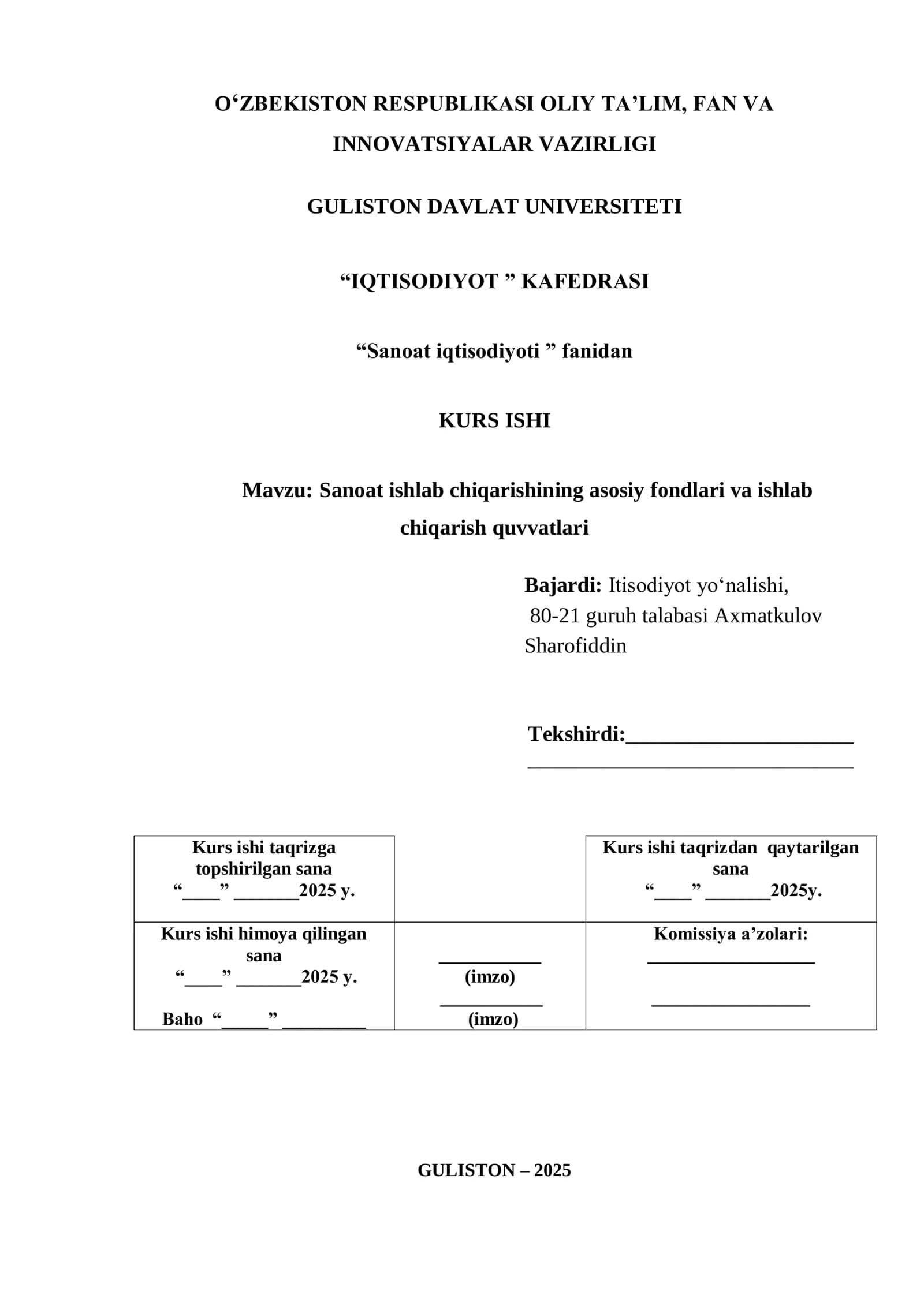Sanoat ishlab chiqarishining asosiy fondlari va ishlab chiqarish quvvatlari