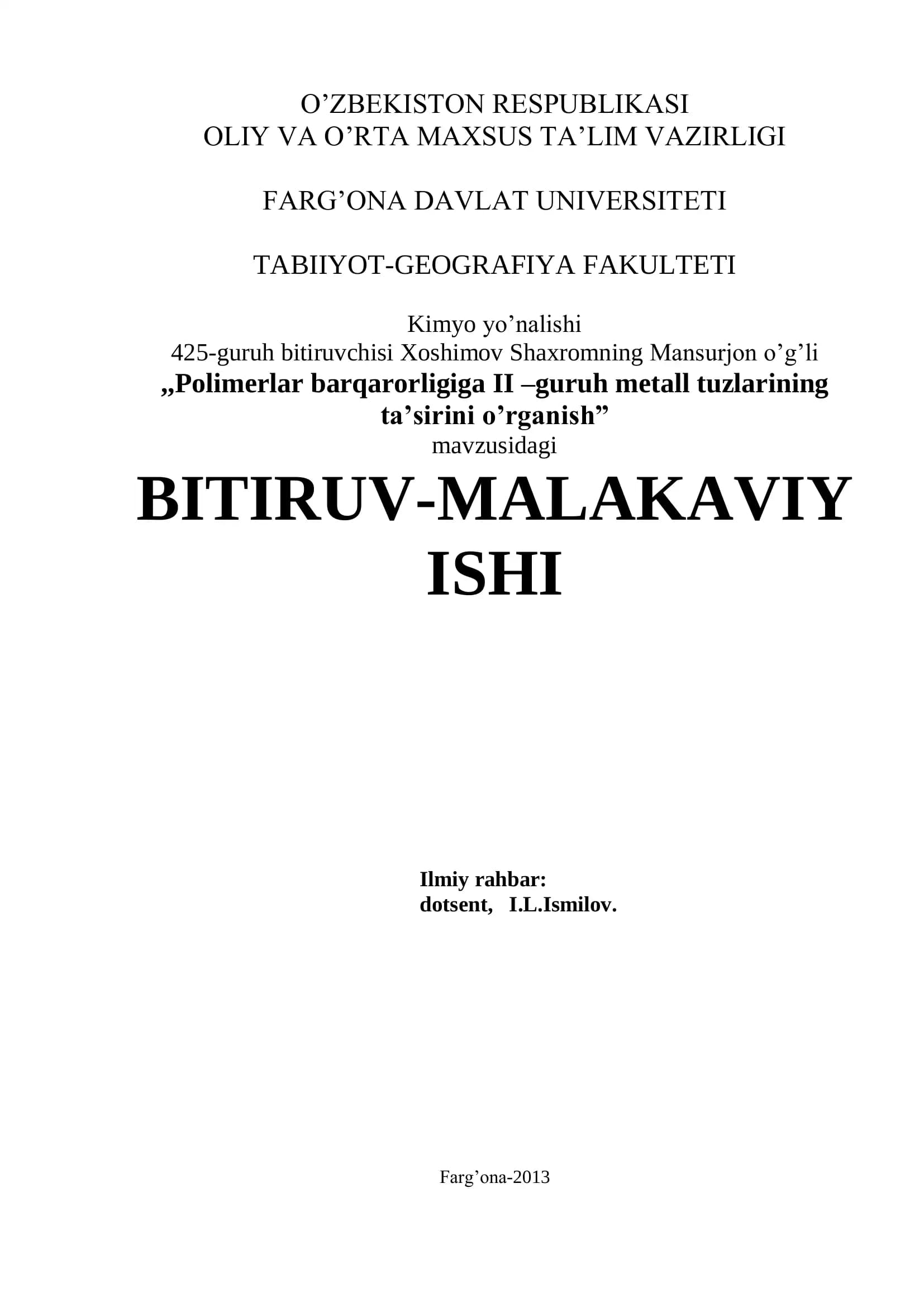 Polimerlar barqarorligiga II –guruh metall tuzlarining ta’sirini o’rganish