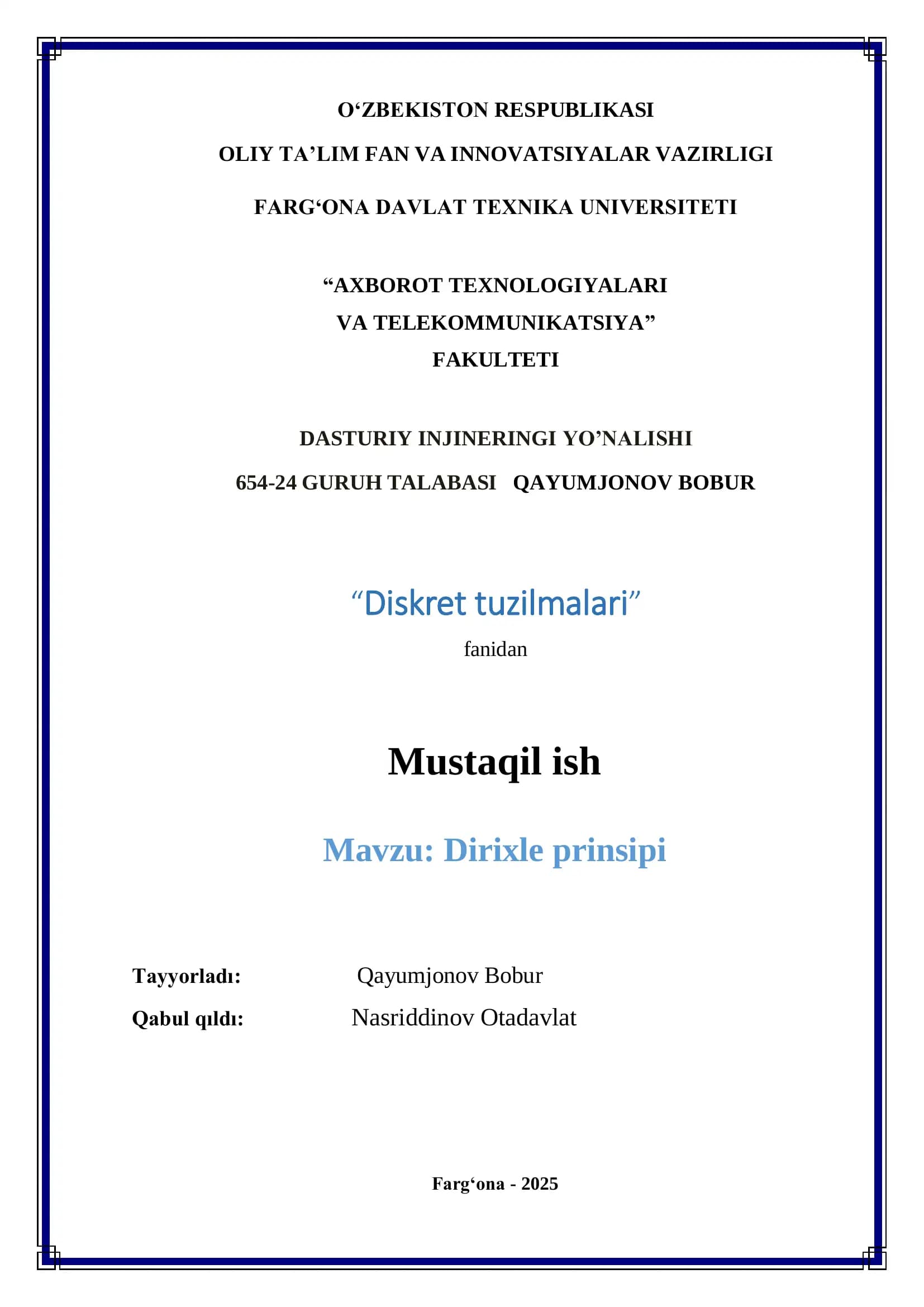 Diskret tuzilmalari Dirixle prinsipi
