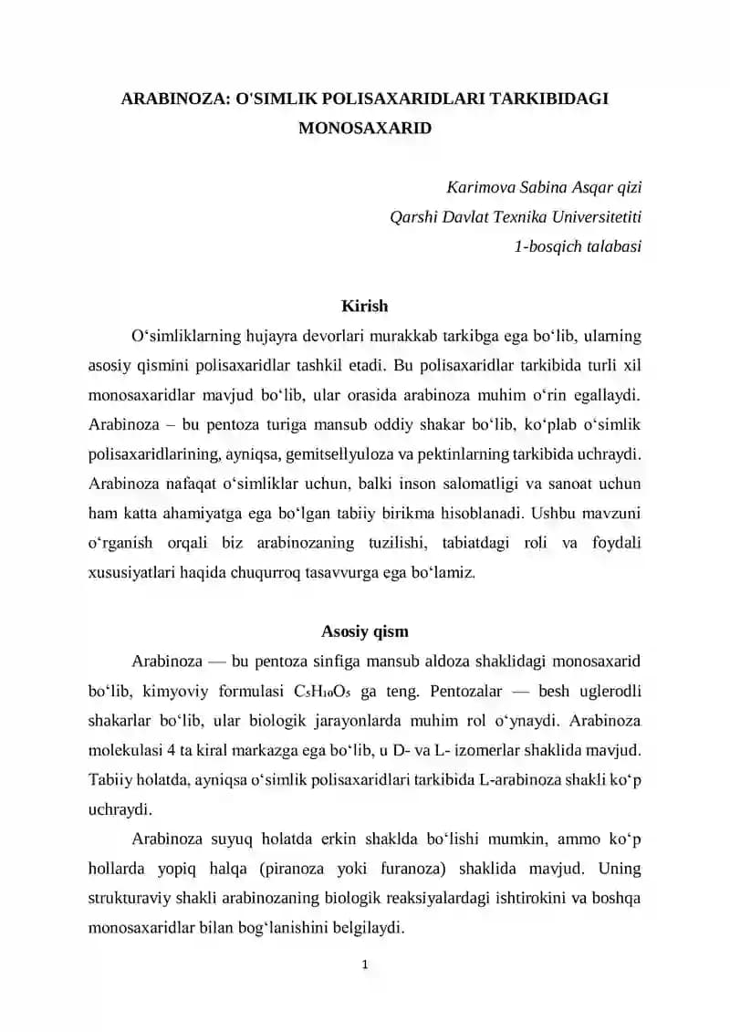 Arabinoza: O'Simlik Polisaxaridlari Tarkibidagi Monosaxarid