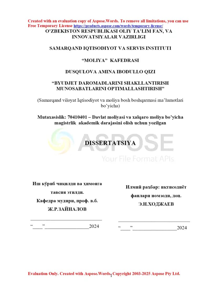 BYUDJET DAROMADLARINI SHAKLLANTIRISH MUNOSABATLARINI OPTIMALLASHTIRISH