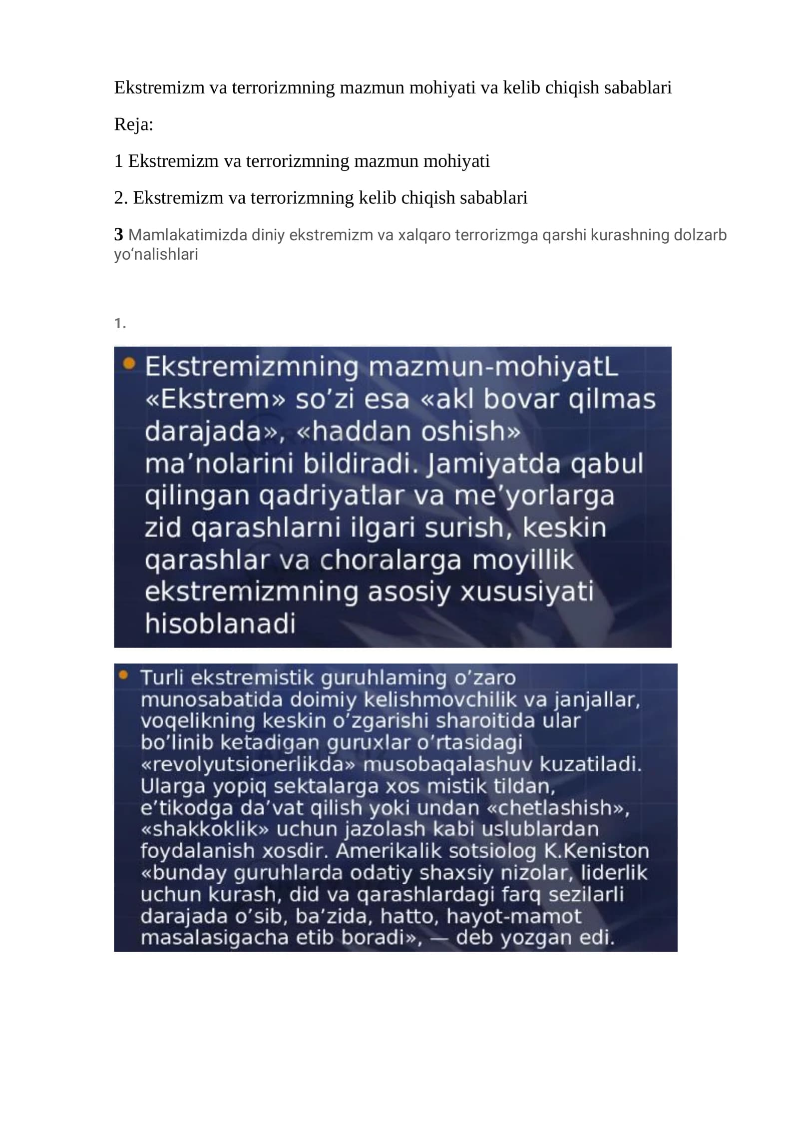 Ekstremizm va terrorizmning mazmun mohiyati va kelib chiqish sabablari