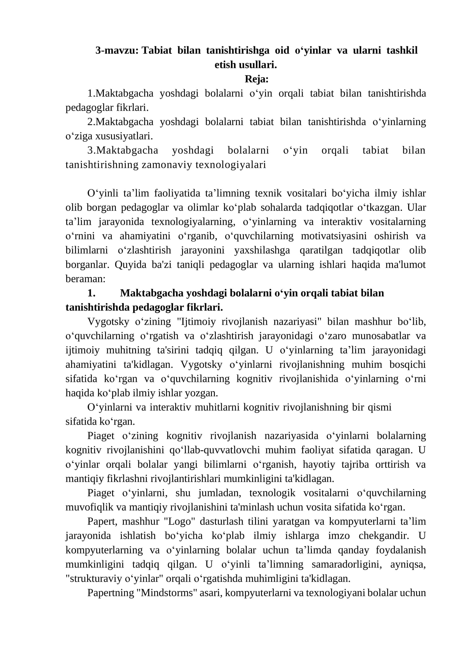Tabiat bilan tanishtirishga oid o‘yinlar va ularni tashkil etish usullari