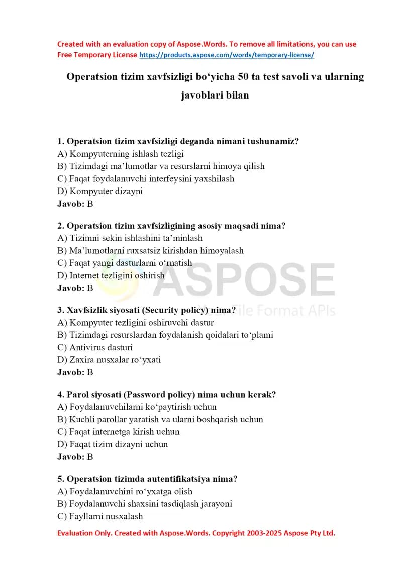 Operatsion tizim xavfsizligi bo‘yicha 50 ta test savoli va ularning javoblari bilan