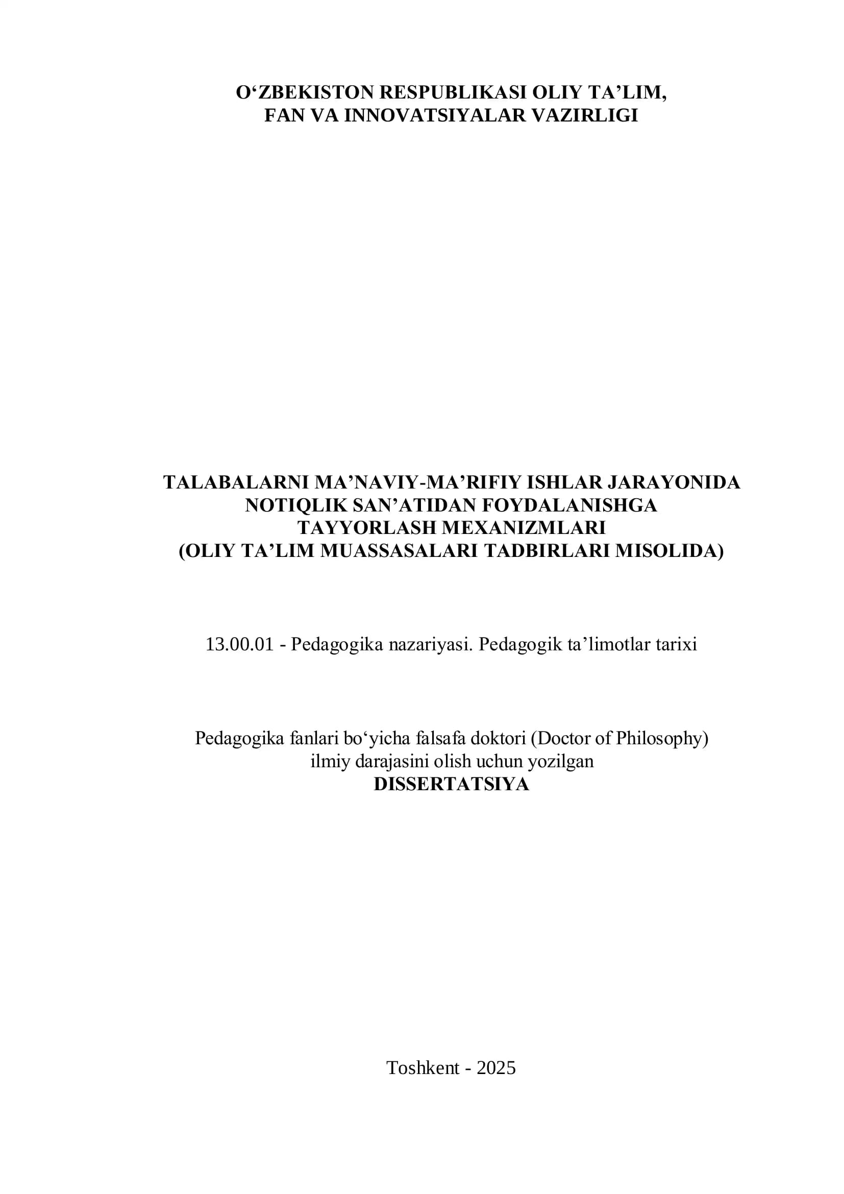 TАLАBАLАRNI MА’NАVIY-MА’RIFIY ISHLАR JАRАYONIDА NОTIQLIK SАN’АTIDАN FОYDАLАNISHGА   TAYYORLАSH MEXАNIZMLАRI    (OLIY TА’LIM MUАSSАSАLАRI TАDBIRLАRI MISOLIDА)