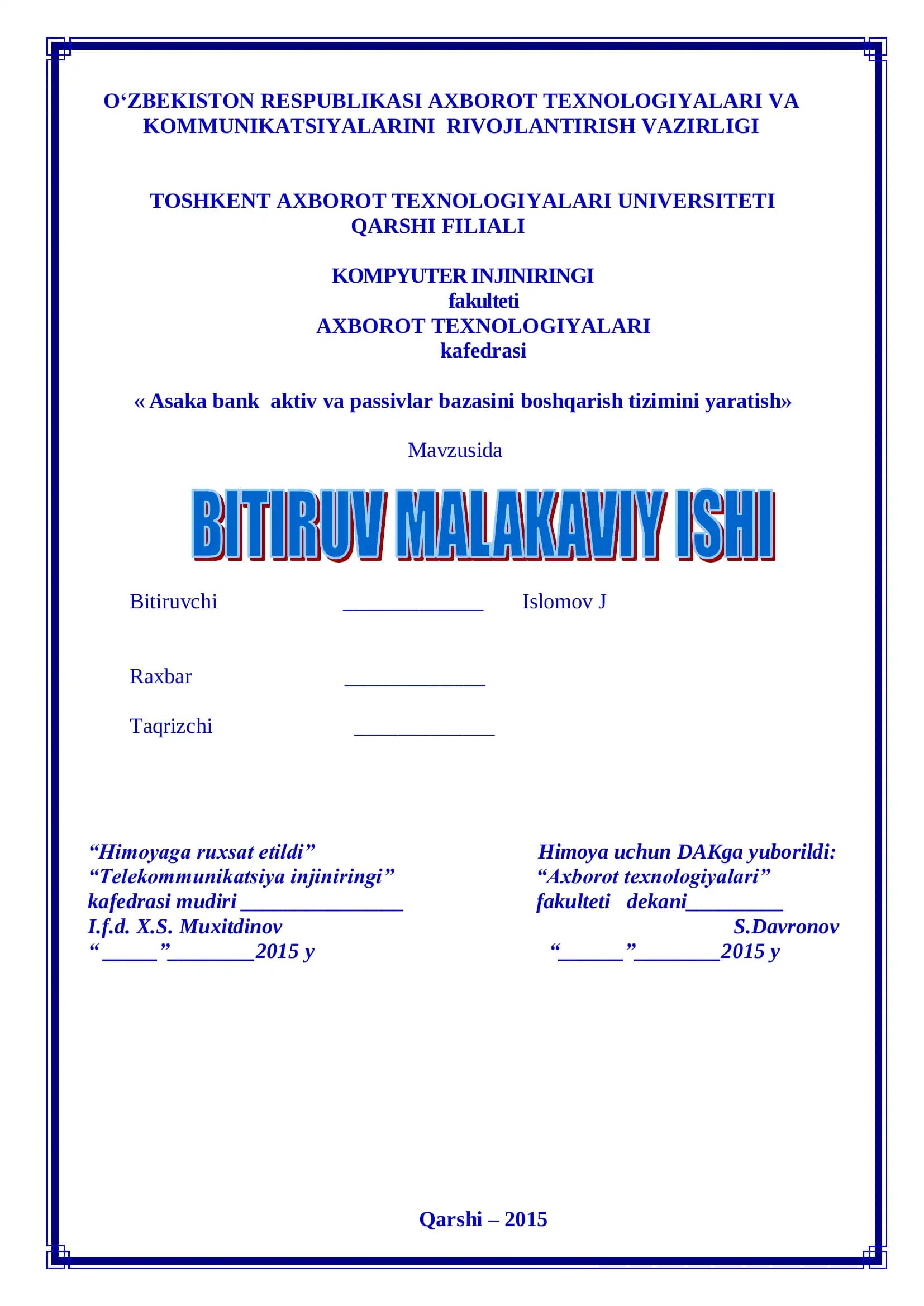 Asaka Bank aktiv va passivlar bazasini boshqarish tizimini yaratish