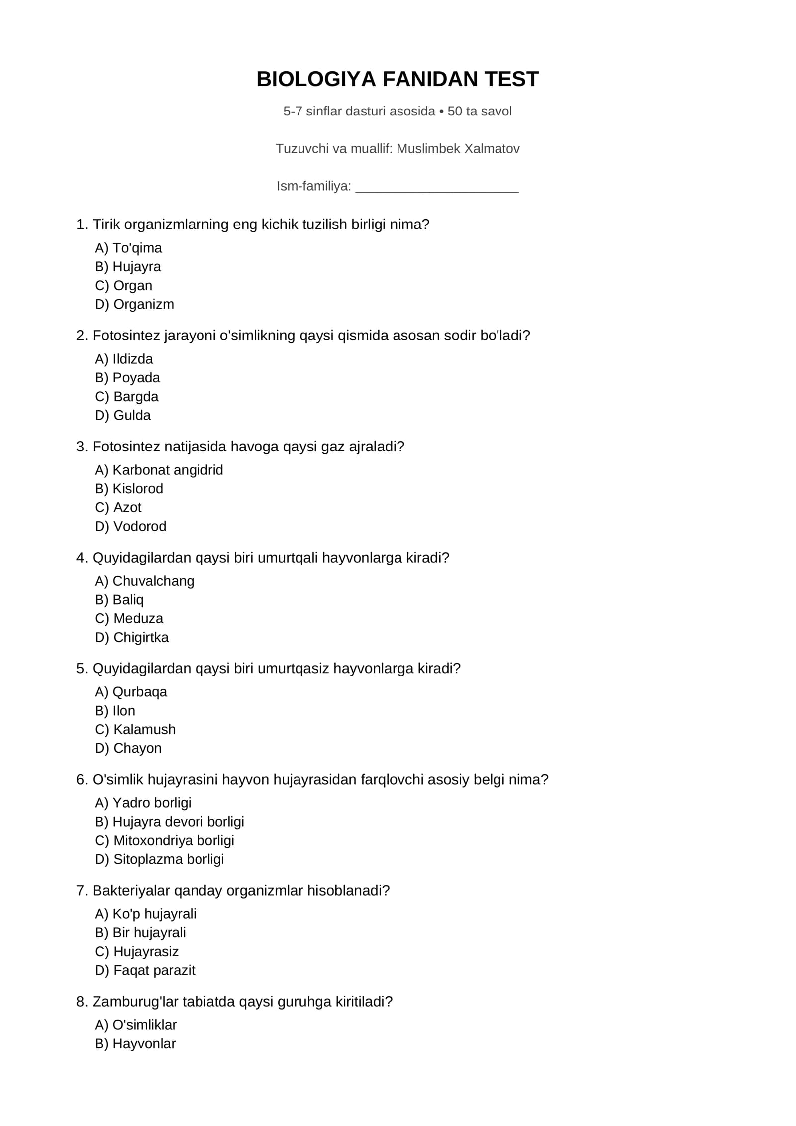 BIOLOGIYA FANIDAN TEST