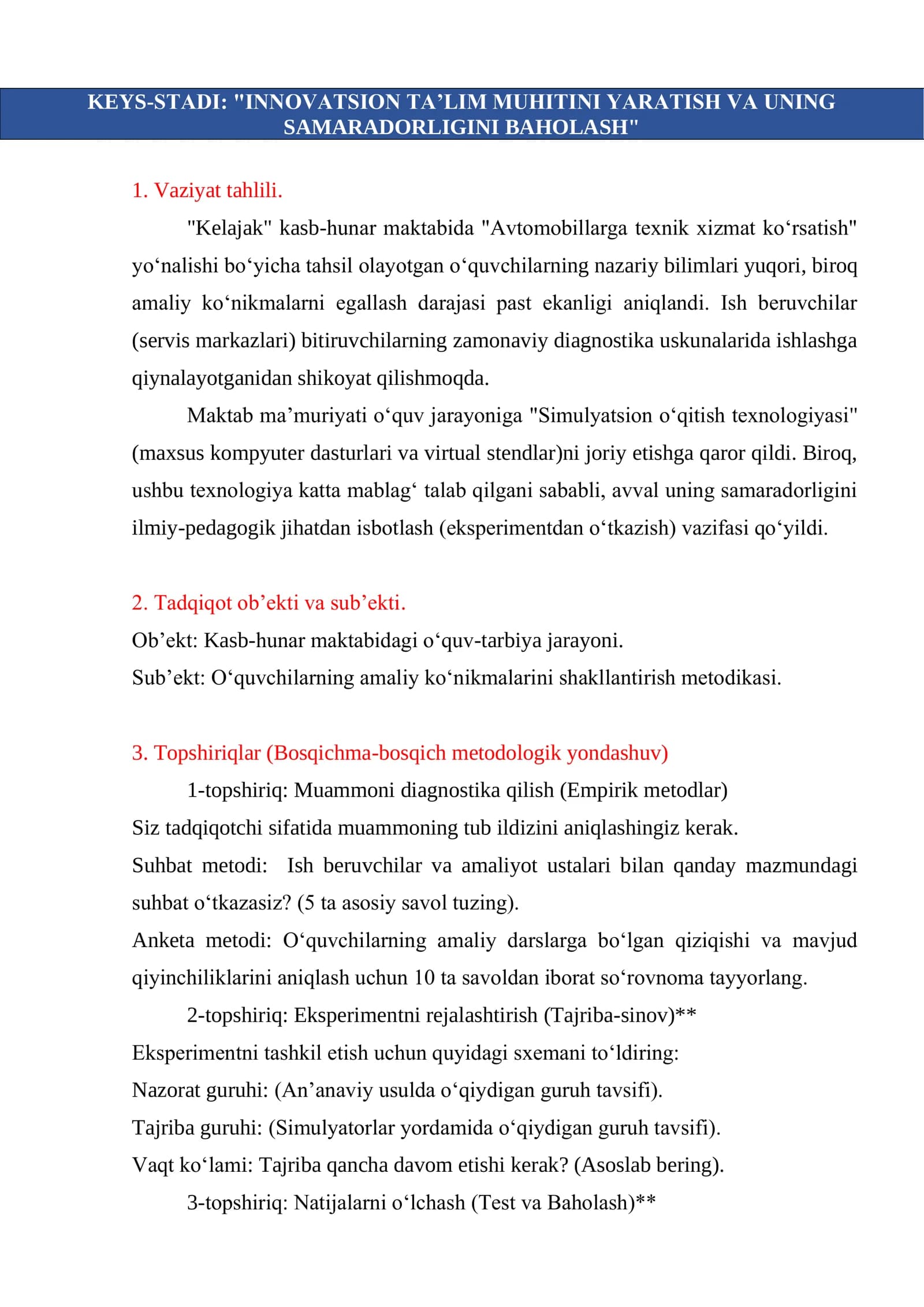 KEYS-STADI: "INNOVATSION TA’LIM MUHITINI YARATISH VA UNING SAMARADORLIGINI BAHOLASH"