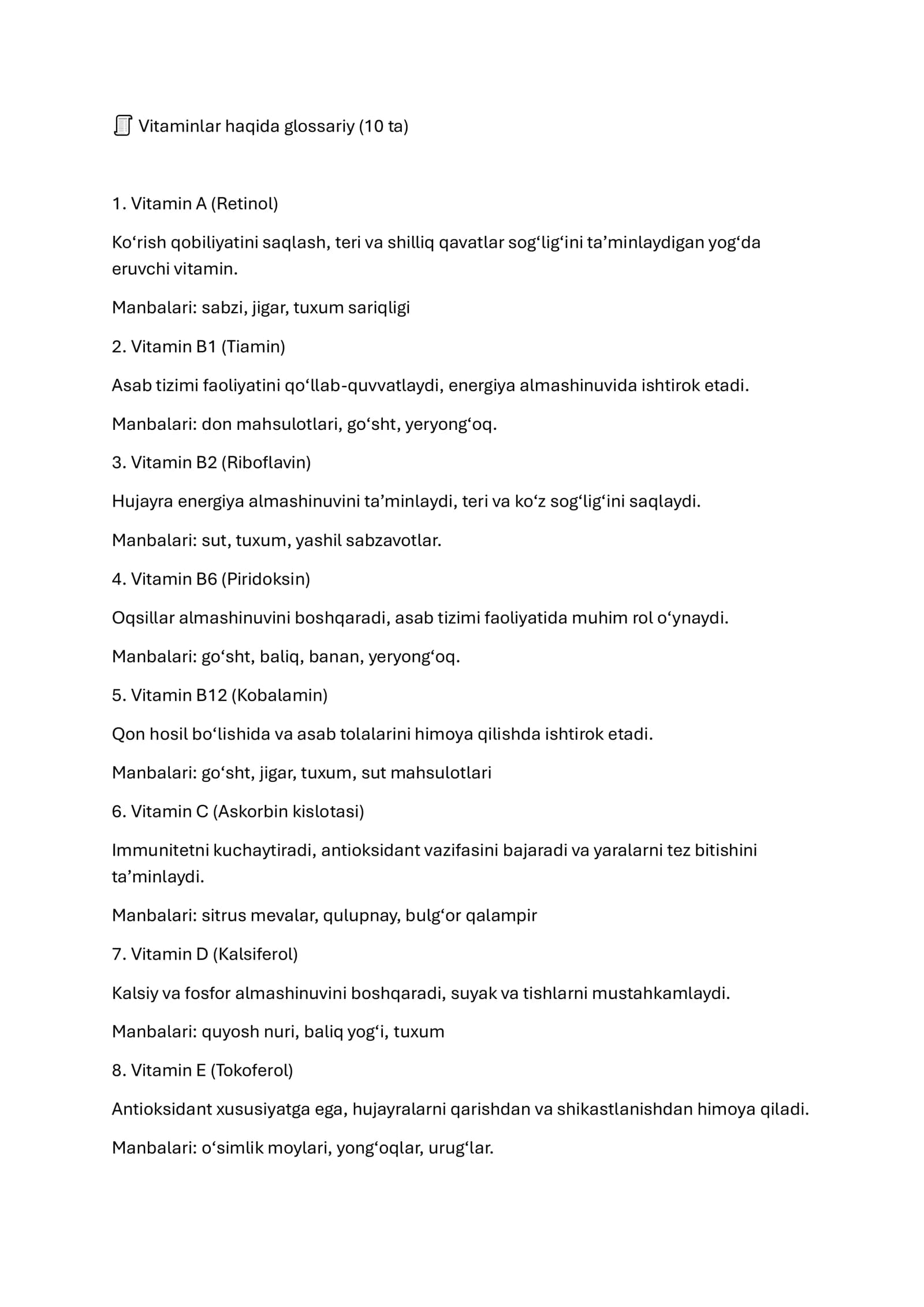 Vitaminlar haqida glossariy (10 ta)