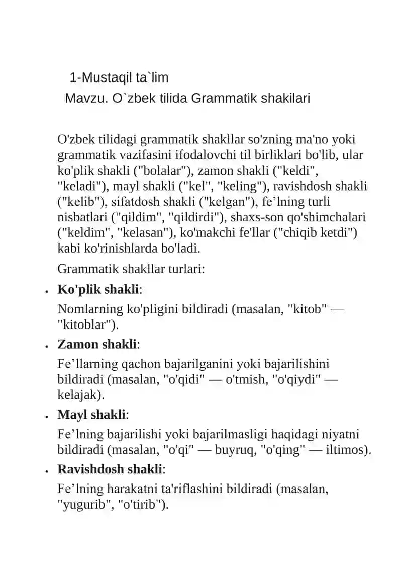 O`zbek tilida Grammatik shakilari