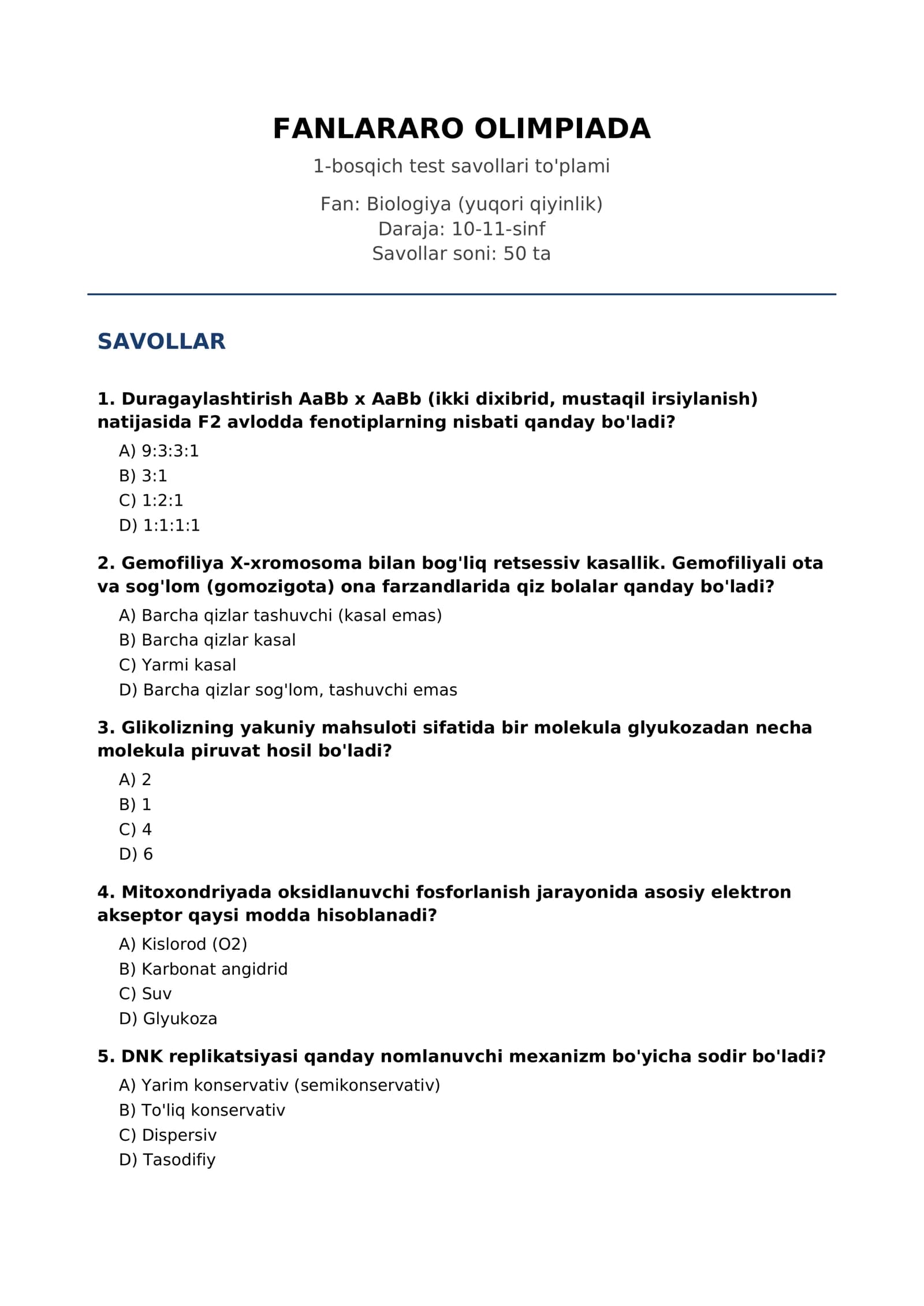 FANLARARO OLIMPIADA 1-bosqich test savollari to'plami