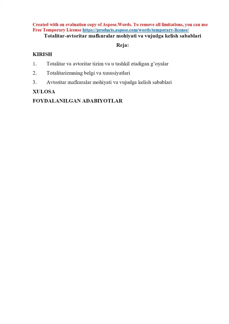 Totalitar-avtoritar mafkuralar mohiyati va vujudga kelish sabablari