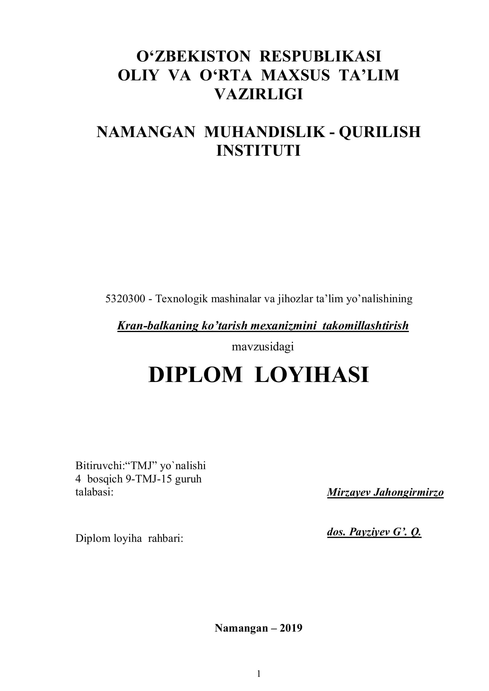 Kran-balkaning ko’tarish mexanizmini takomillashtirish