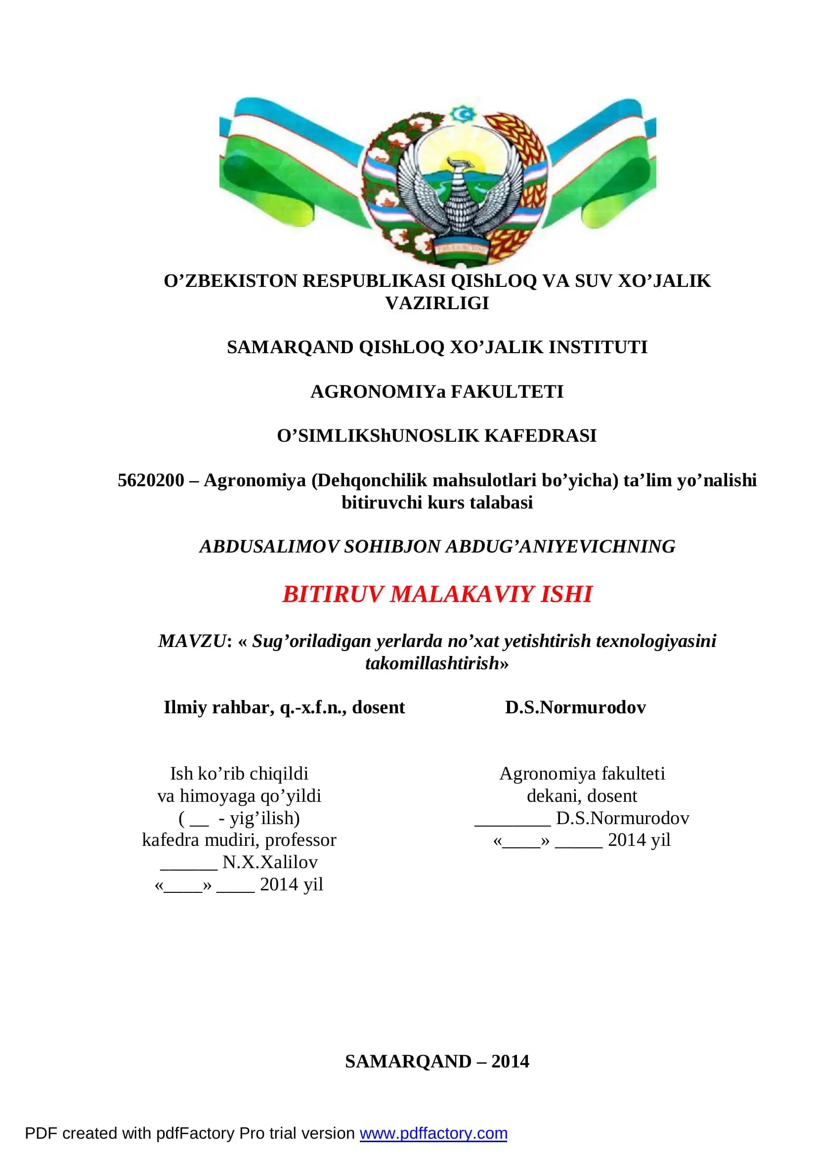 Sug’oriladigan yerlarda no’xat yetishtirish texnologiyasini takomillashtirish