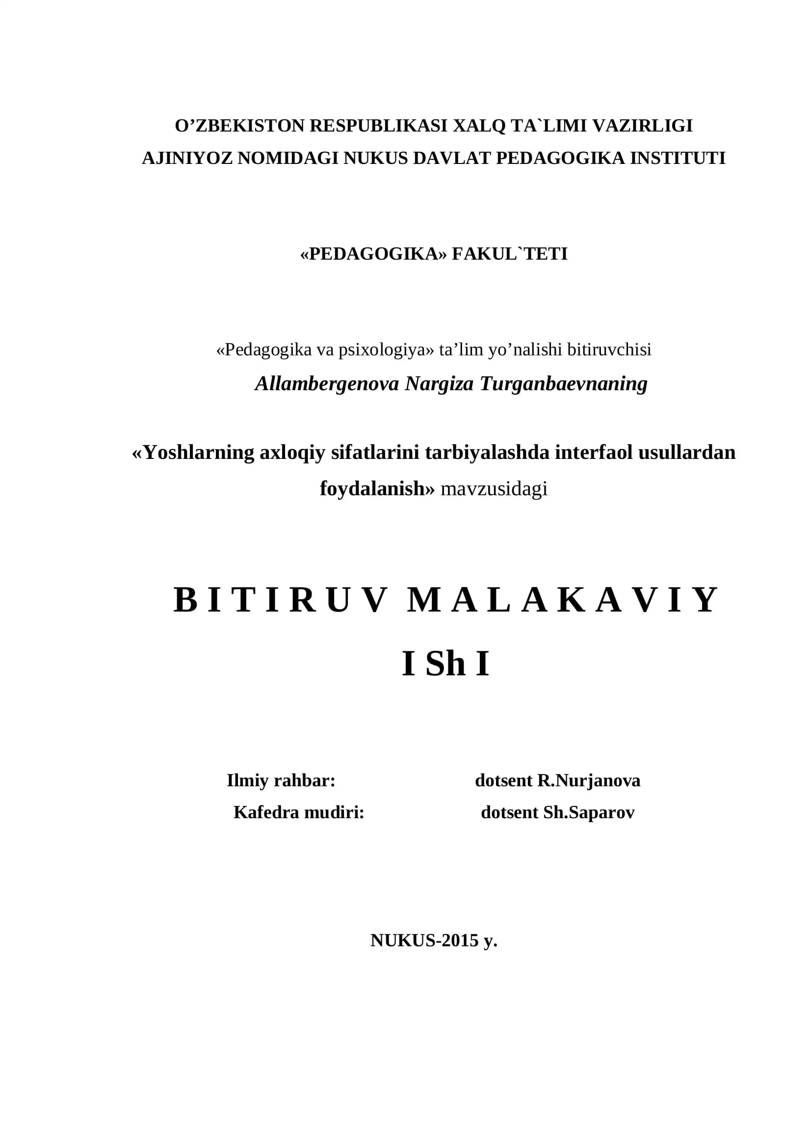 Yoshlarning axloqiy sifatlarini tarbiyalashda interfaol usullardan foydalanish