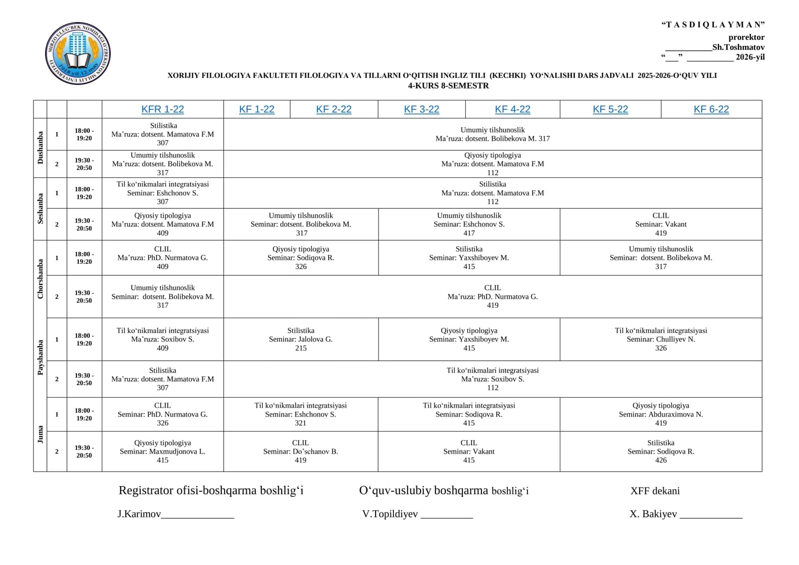 FILOLOGIYA VA TILLARNI O‘QITISH INGLIZ TILI (KECHKI) YO‘NALISHI DARS JADVALI 2025-2026-O‘QUV YILI