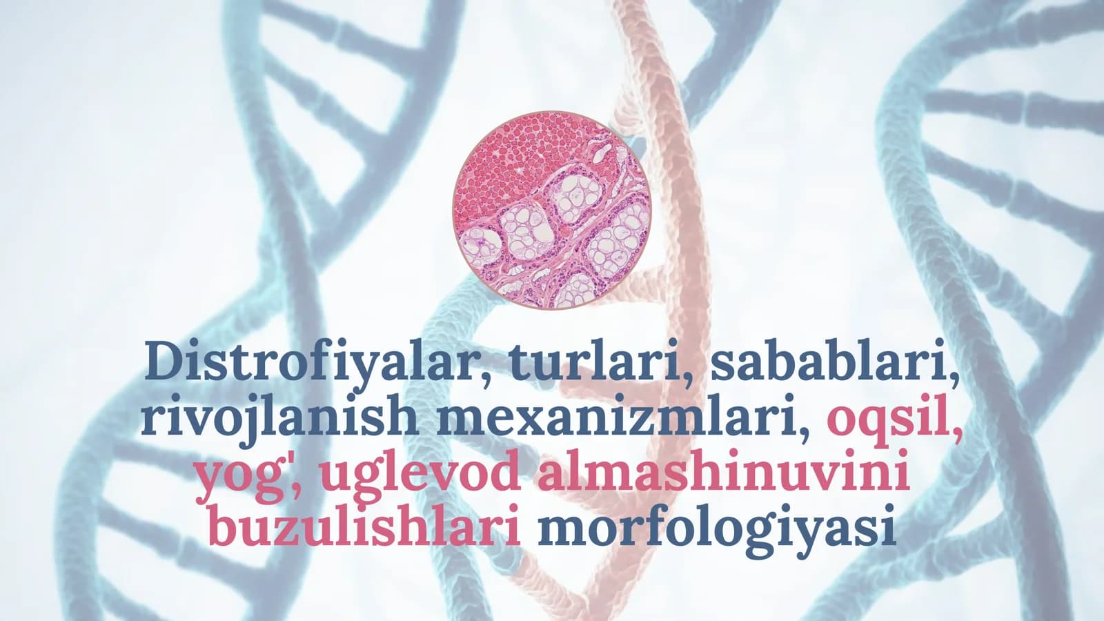 Distrofiyalar, turlari, sabablari, rivojlanish mexanizmlari, oqsil, yog', uglevod almashinuvini buzulishlari morfologiyasi