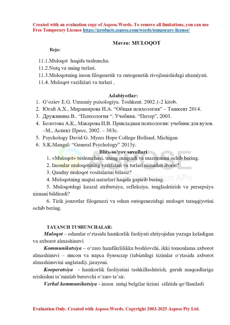 Muloqot Muloqot  haqida tushuncha Nutq va uning turlari Muloqotning inson filogenetik va ontogenetik rivojlanishidagi ahamiyati