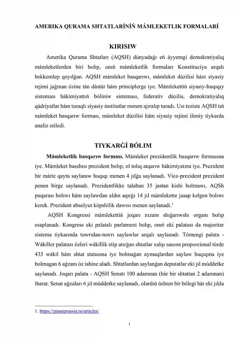 AMERIKA QURAMA SHTATLARÍNÍŃ MÁMLEKETLIK FORMALARÍ tezis