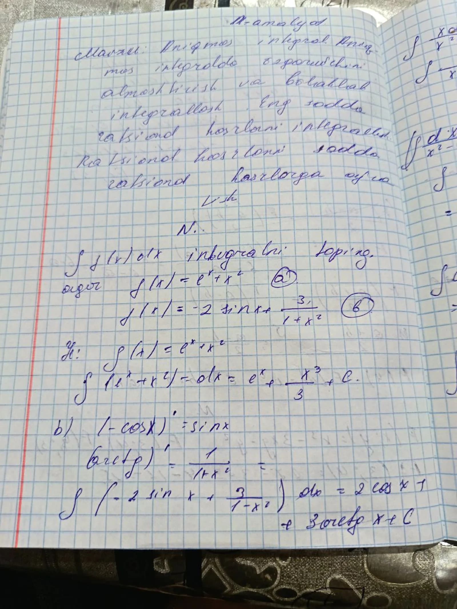 Aniqmas integralga oid misollar javobi bilan birga