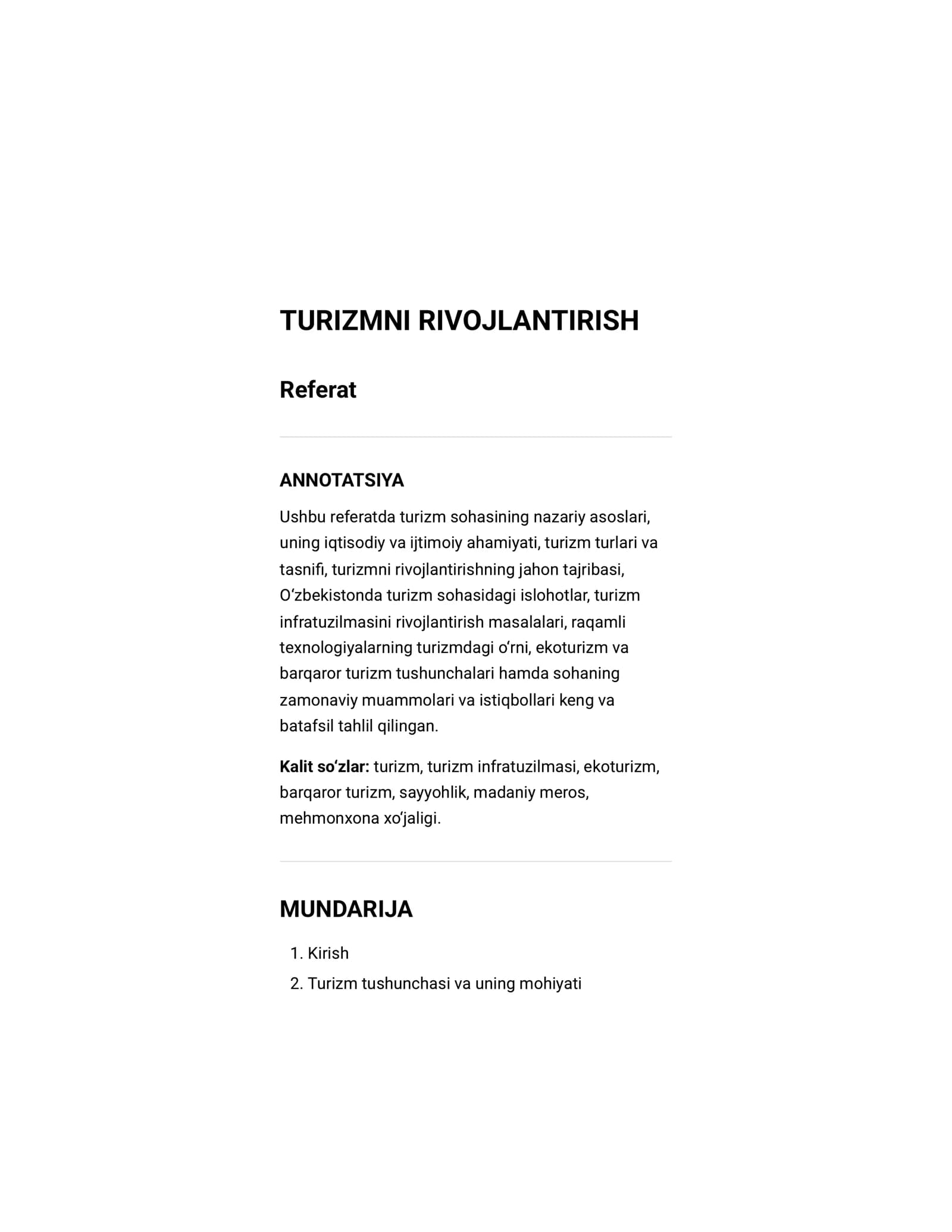 Referat turizmni rivojlantirish