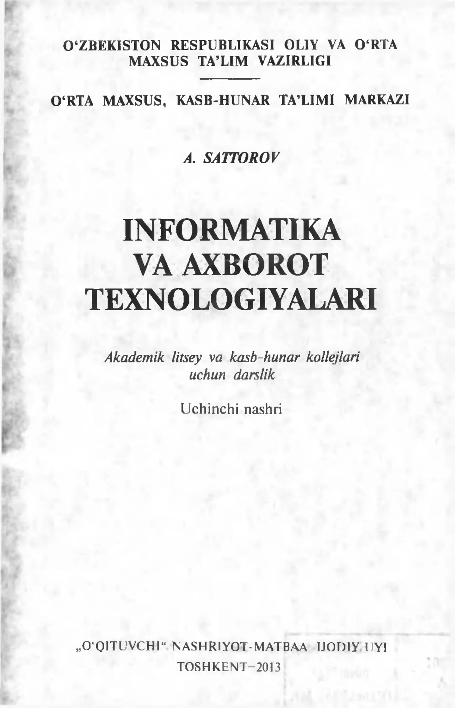 INFORMATIKA VA AXBOROT TEXNOLOGIYALARI