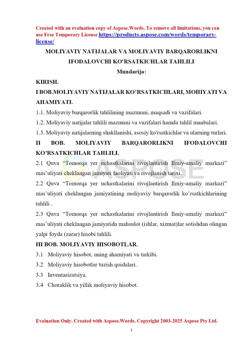 MOLIYAVIY NATIJALAR VA MOLIYAVIY BARQARORLIKNI IFODALOVCHI KO'RSATKICHLAR TAHLILI