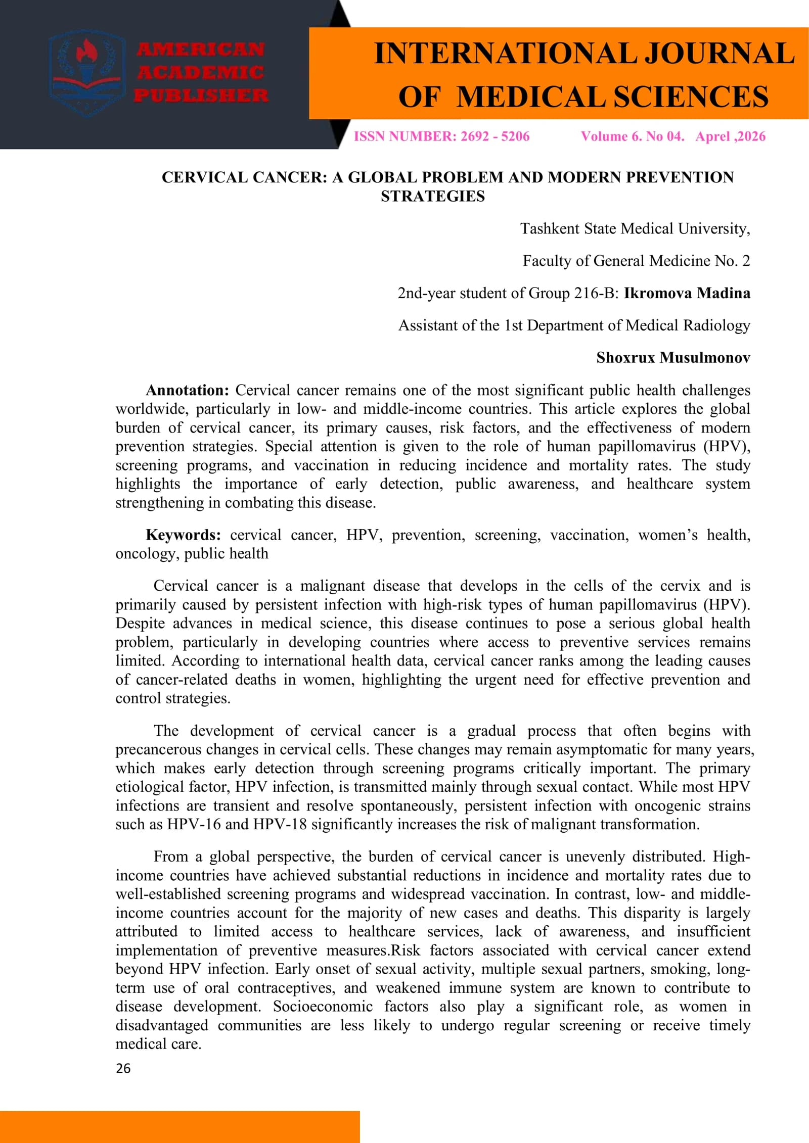 CERVICAL CANCER: A GLOBAL PROBLEM AND MODERN PREVENTION STRATEGIES