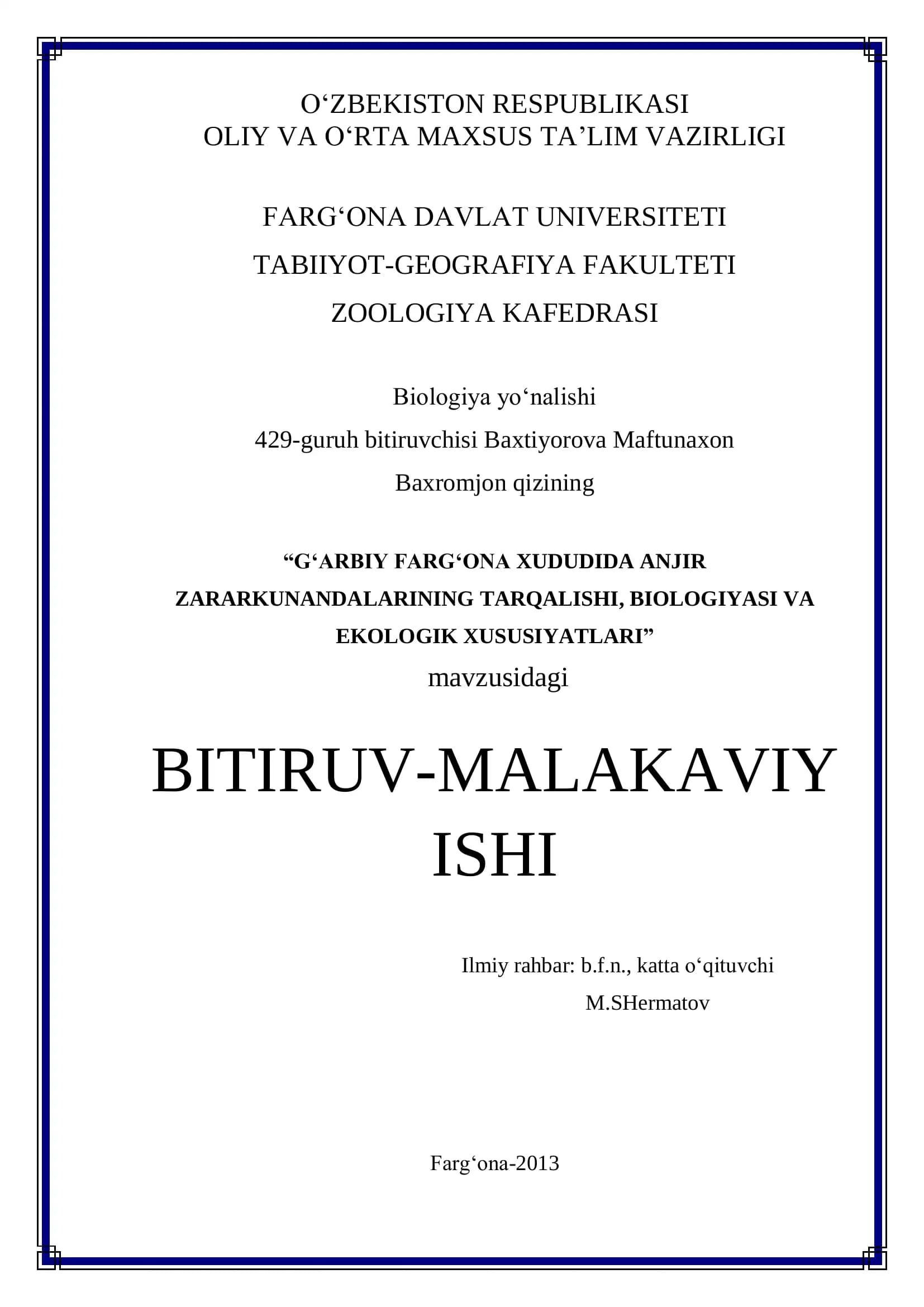 G'ARBIY FARG'ONA XUDUDIDA ANJIR ZARARKUNANDALARINING TARQALISHI, BIOLOGIYASI VA EKOLOGIK XUSUSIYATLARI