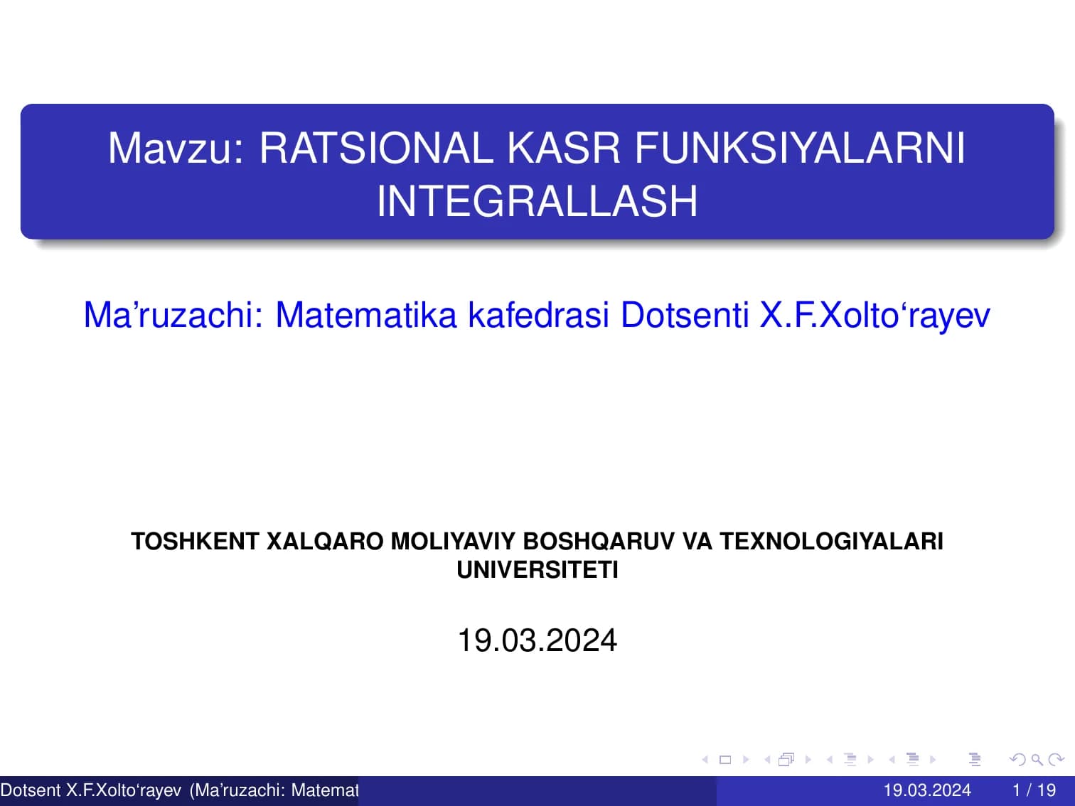 RATSIONAL KASR FUNKSIYALARNI INTEGRALLASH