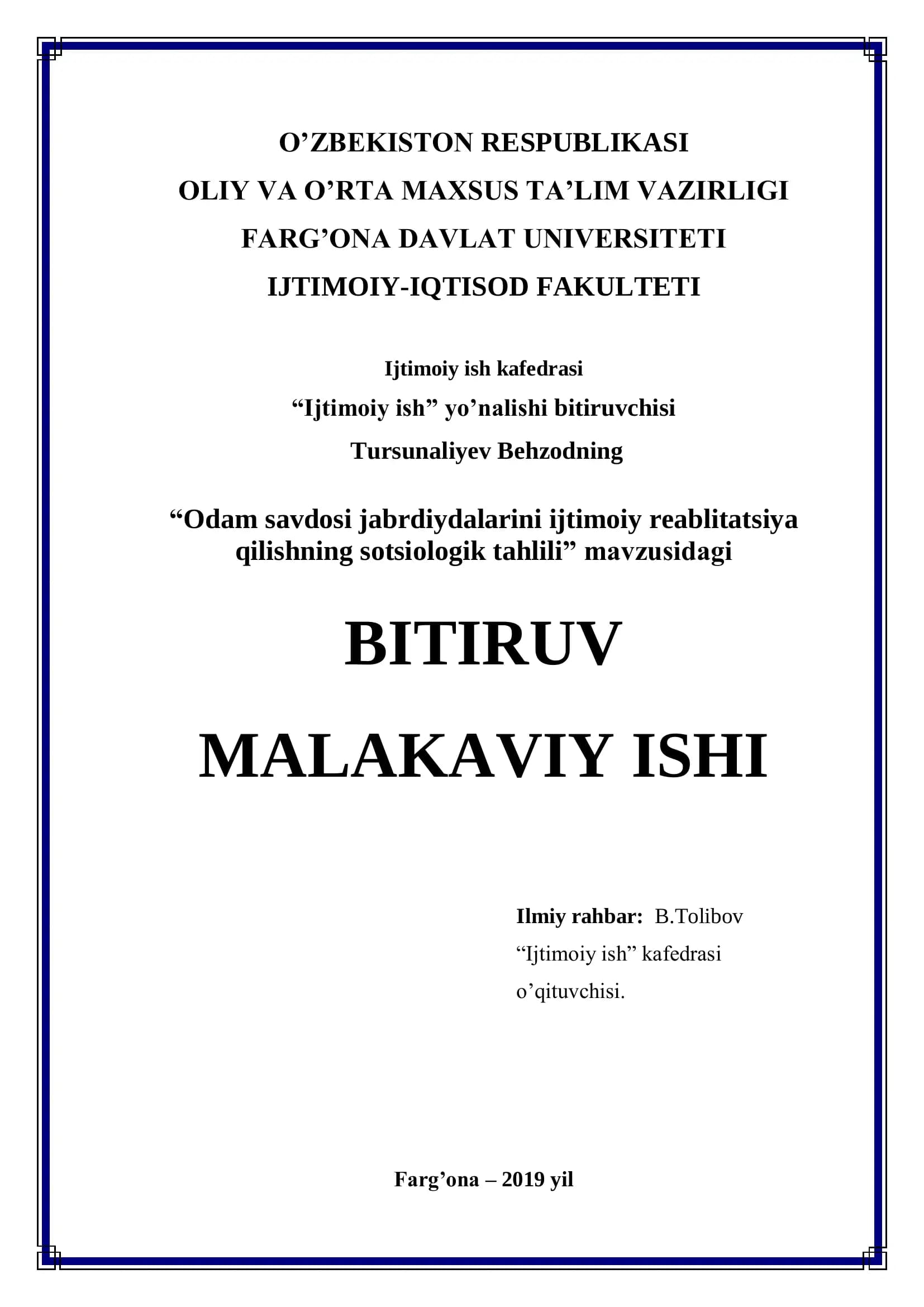 Ijtimoiy ish kafedrasi "Odam savdosi jabrdiydalarini ijtimoiy reablitatsiya qilishning sotsiologik tahlili"